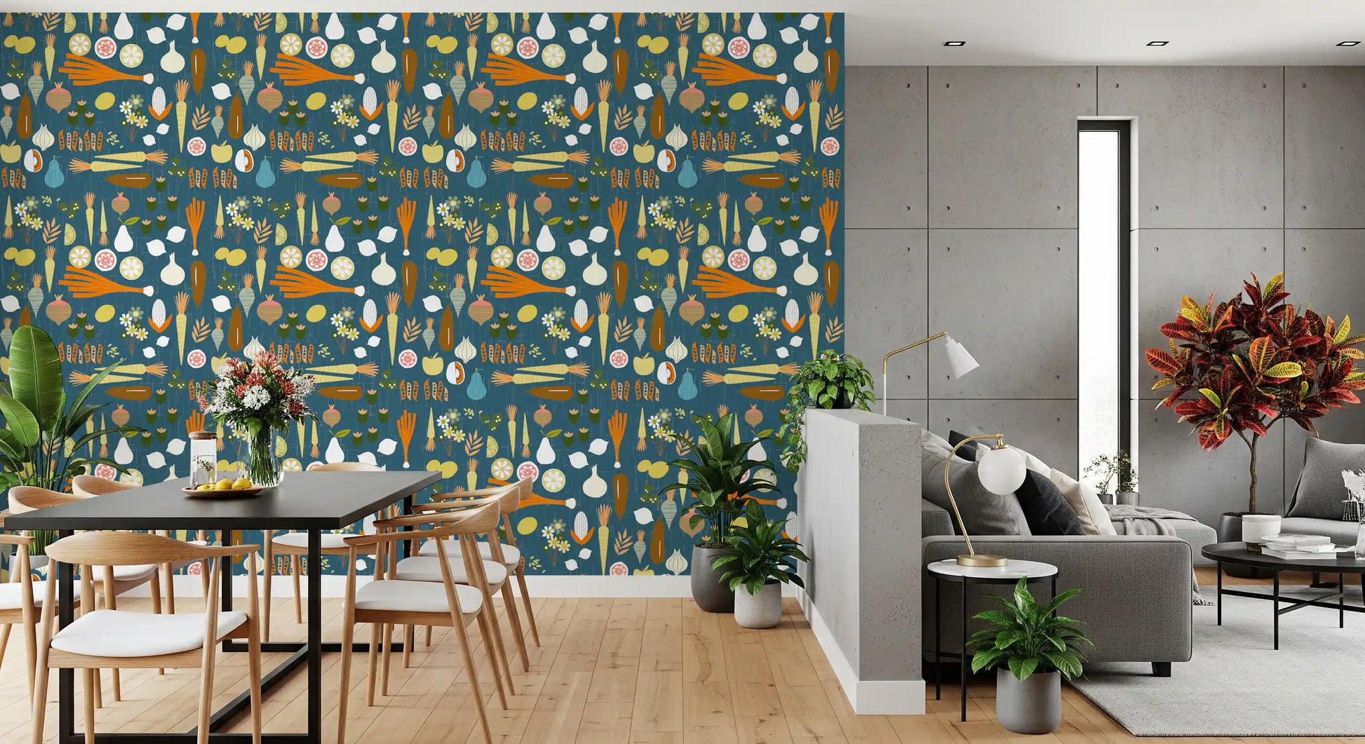 Liven up a neutral dining area with the vibrant teal vegetable retro wallpaper.