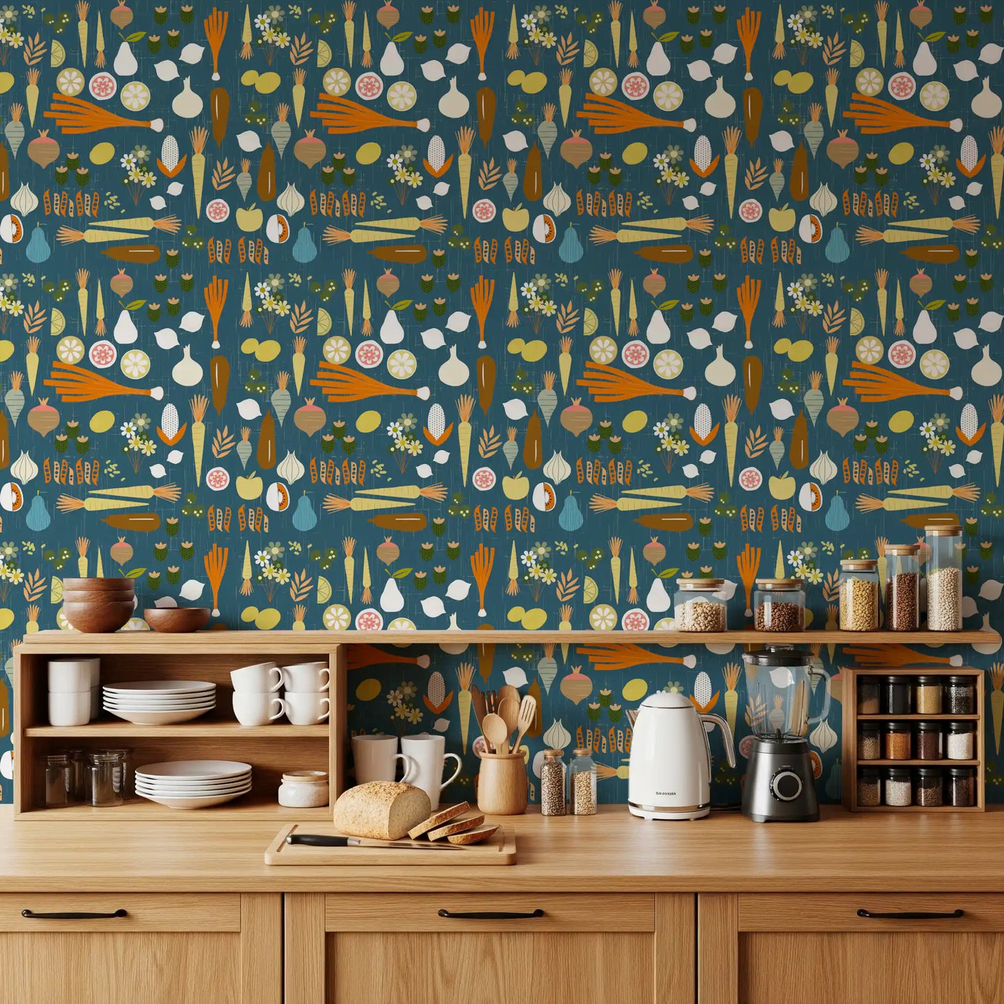 The cheerful vegetable retro wallpaper perfectly complements a kitchen area.