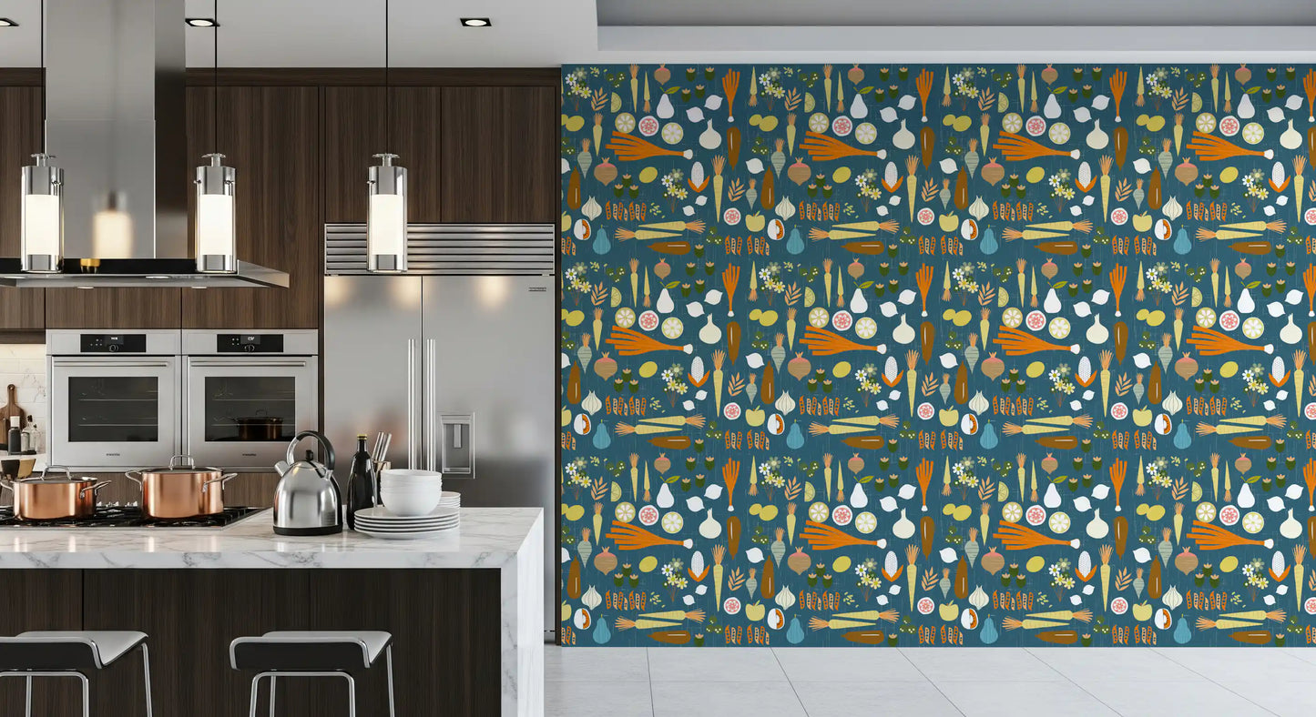 Mid-century modern vegetable illustrations feature heavily in this retro wallpaper.