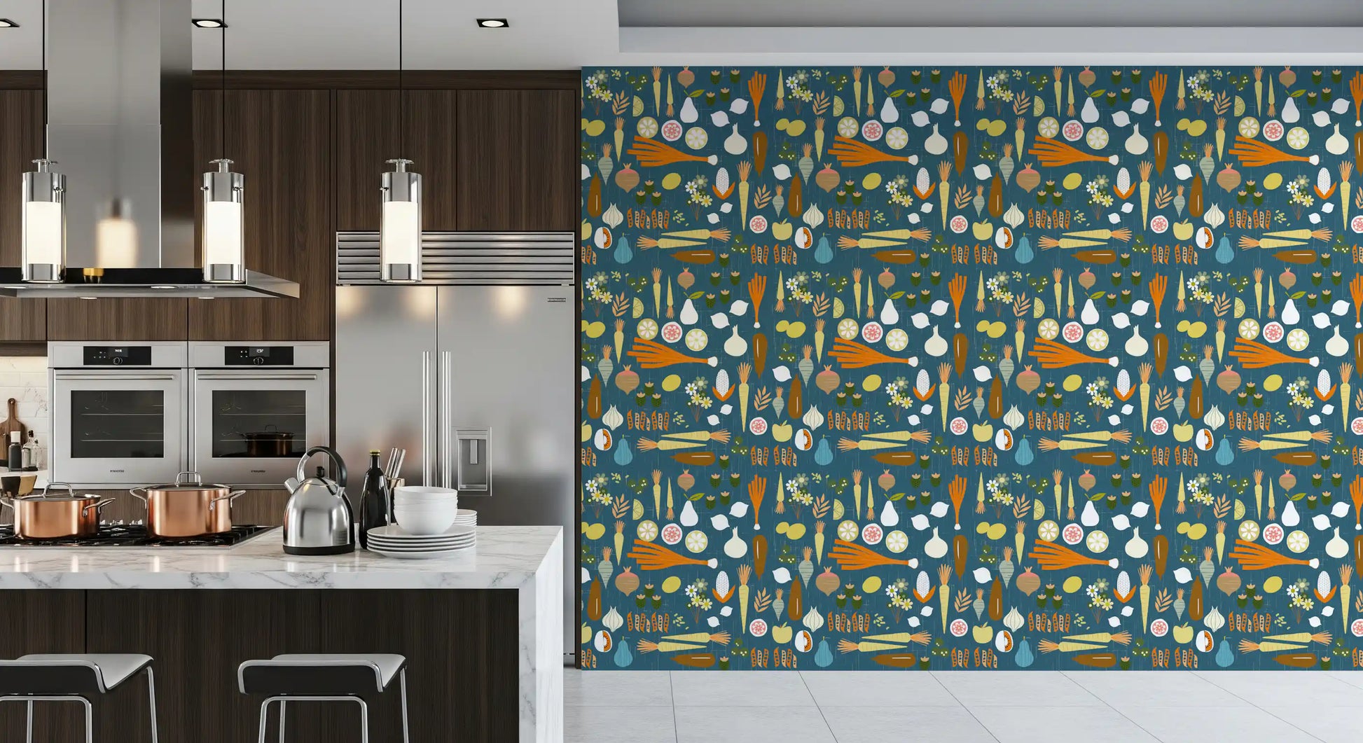 Mid-century modern vegetable illustrations feature heavily in this retro wallpaper.