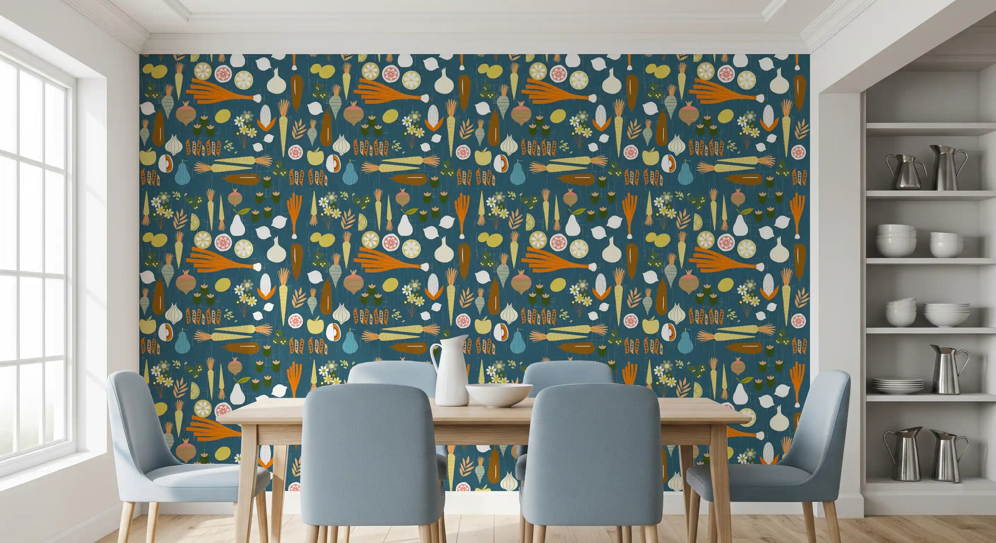 A distressed texture overlays the vibrant retro vegetable wallpaper.