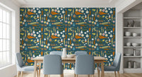 A distressed texture overlays the vibrant retro vegetable wallpaper.
