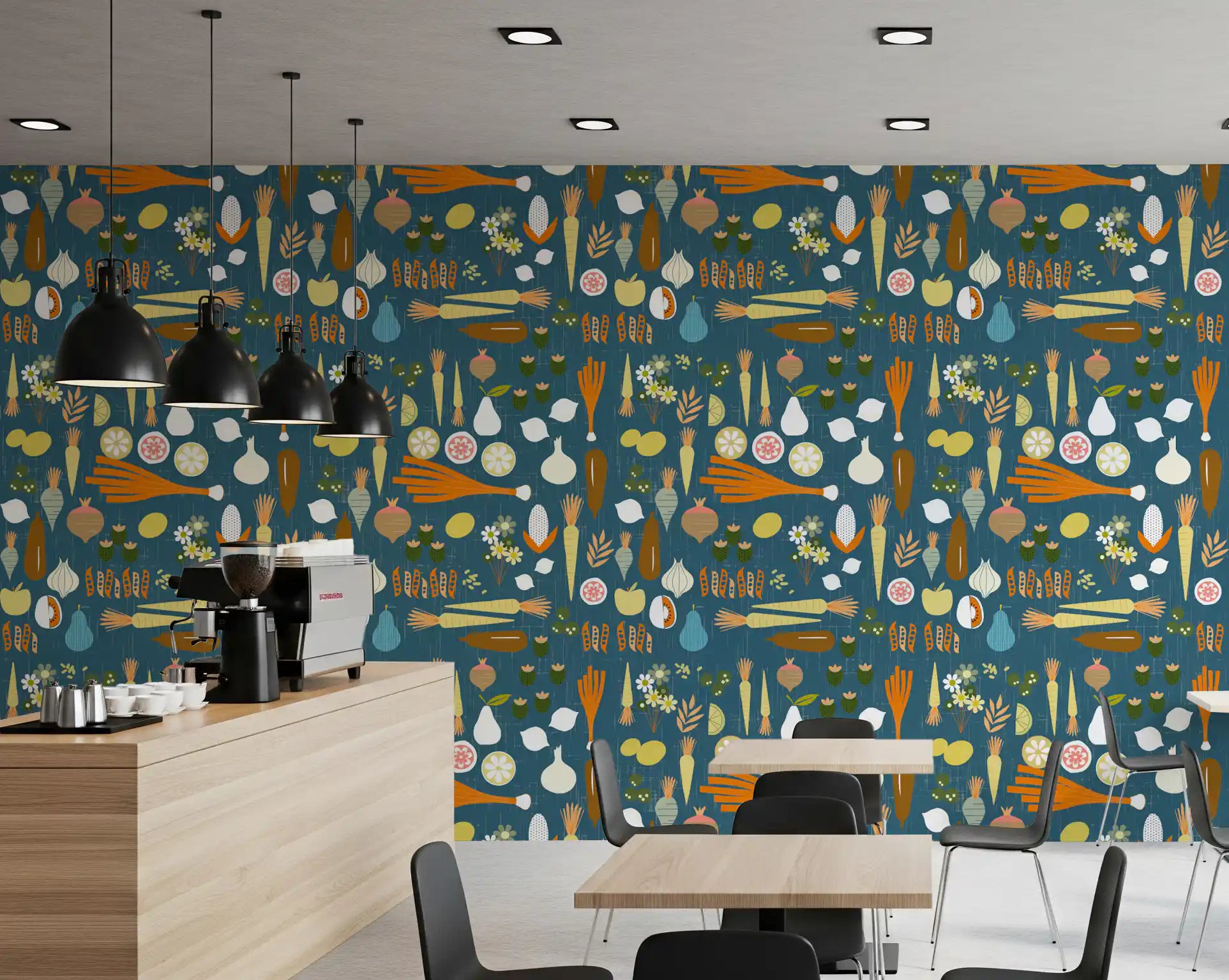 Bright orange and yellow produce motifs contrast against the dark teal wallpaper.