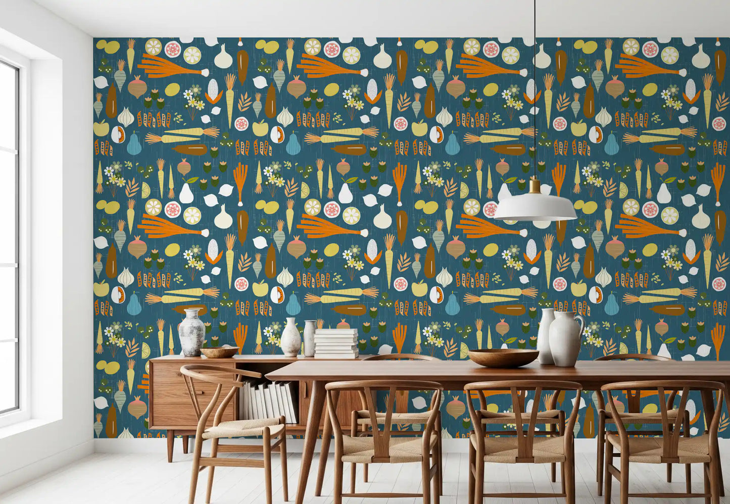 A colorful teal harvest wallpaper pattern enlivens this modern dining space.