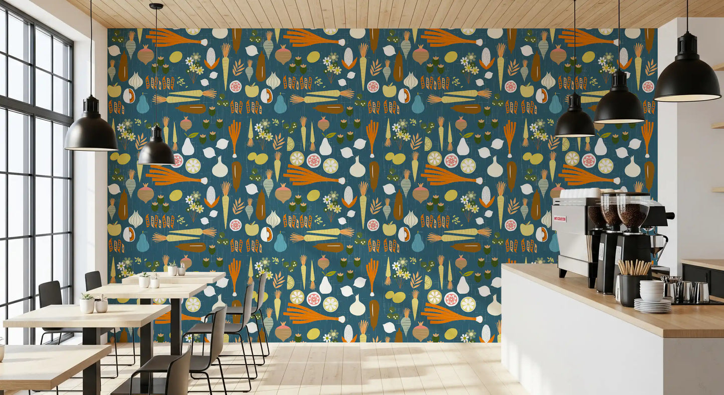 Brighten the family cafe using this vintage vegetable kitchen wallpaper