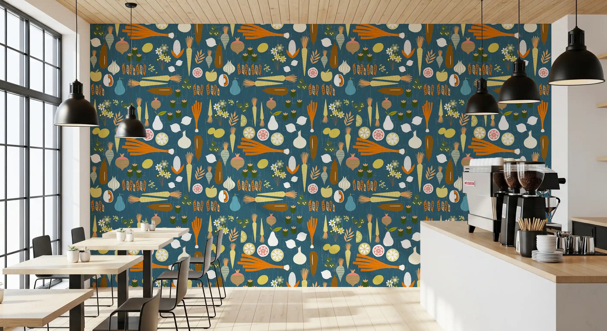 Brighten the family cafe using this vintage vegetable kitchen wallpaper