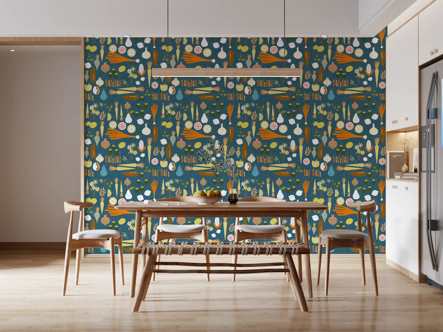 Flat geometric illustrations define this quirky teal botanical wallpaper pattern.