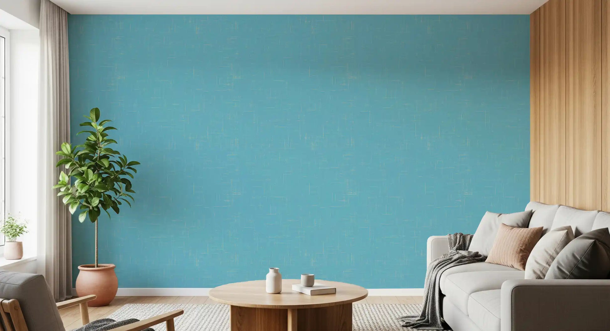 Fine white crosshatch lines on this blue linen texture modern wallpaper.