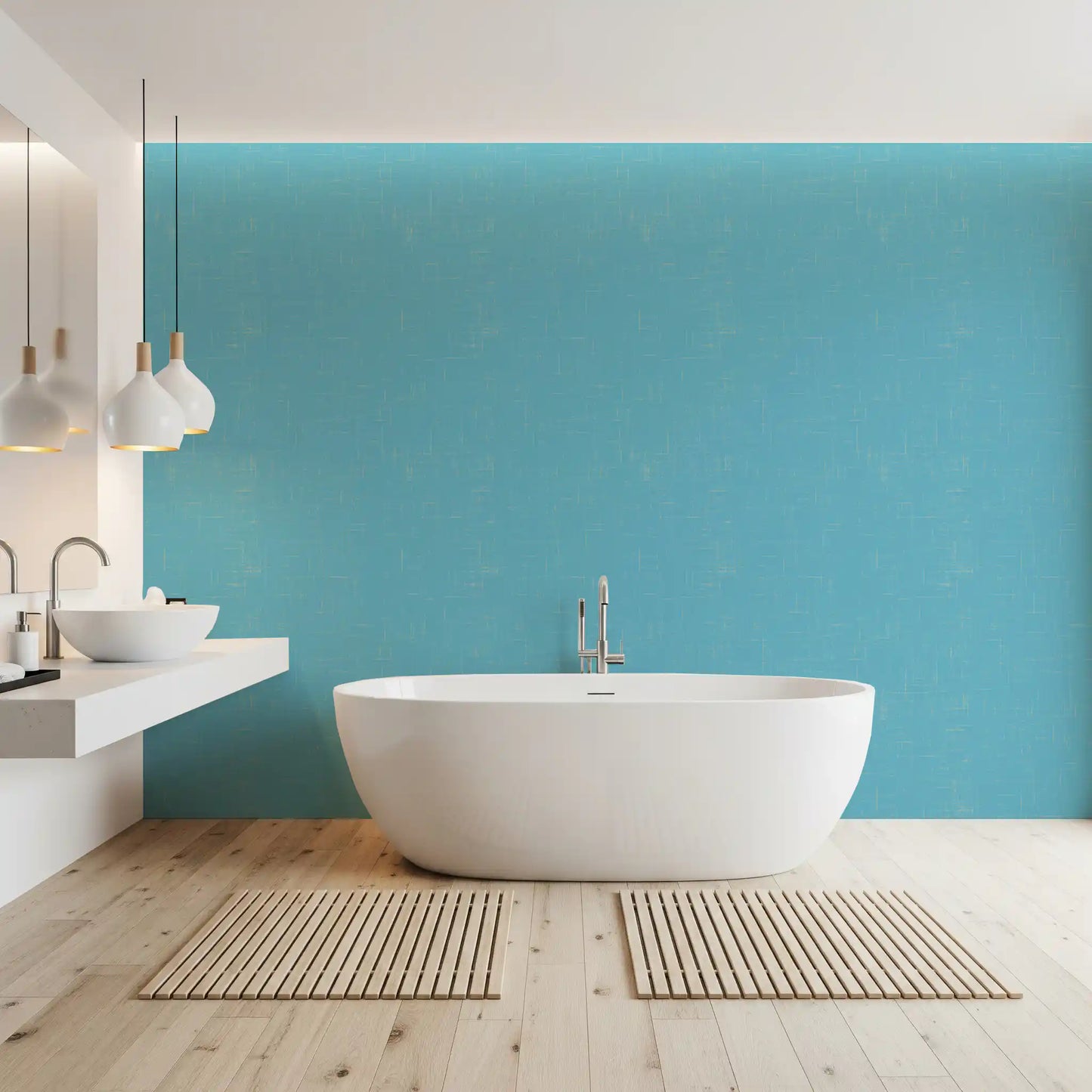 Turquoise fabric look found on this blue linen texture modern wallpaper.