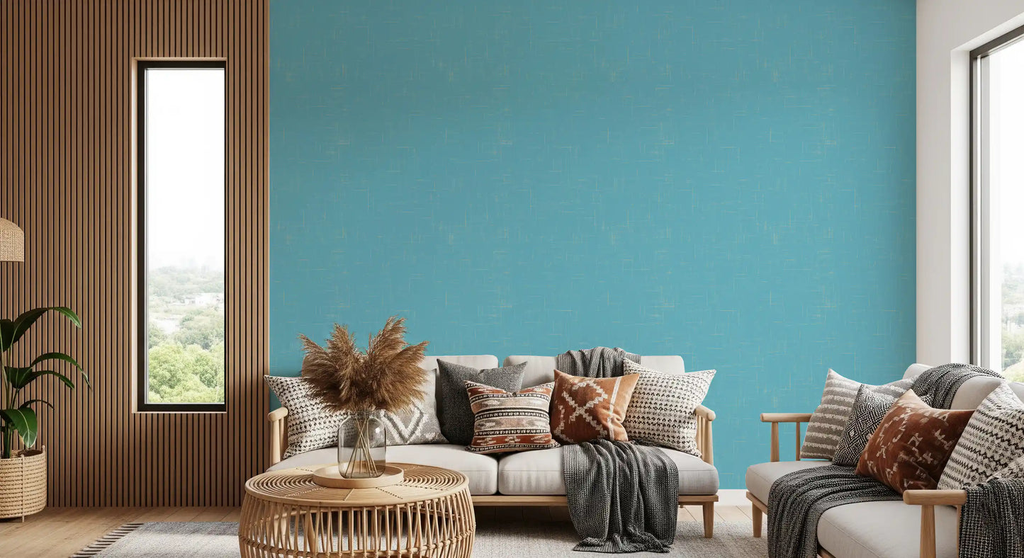 Detailed textile pattern of the blue linen texture mid century wallpaper.