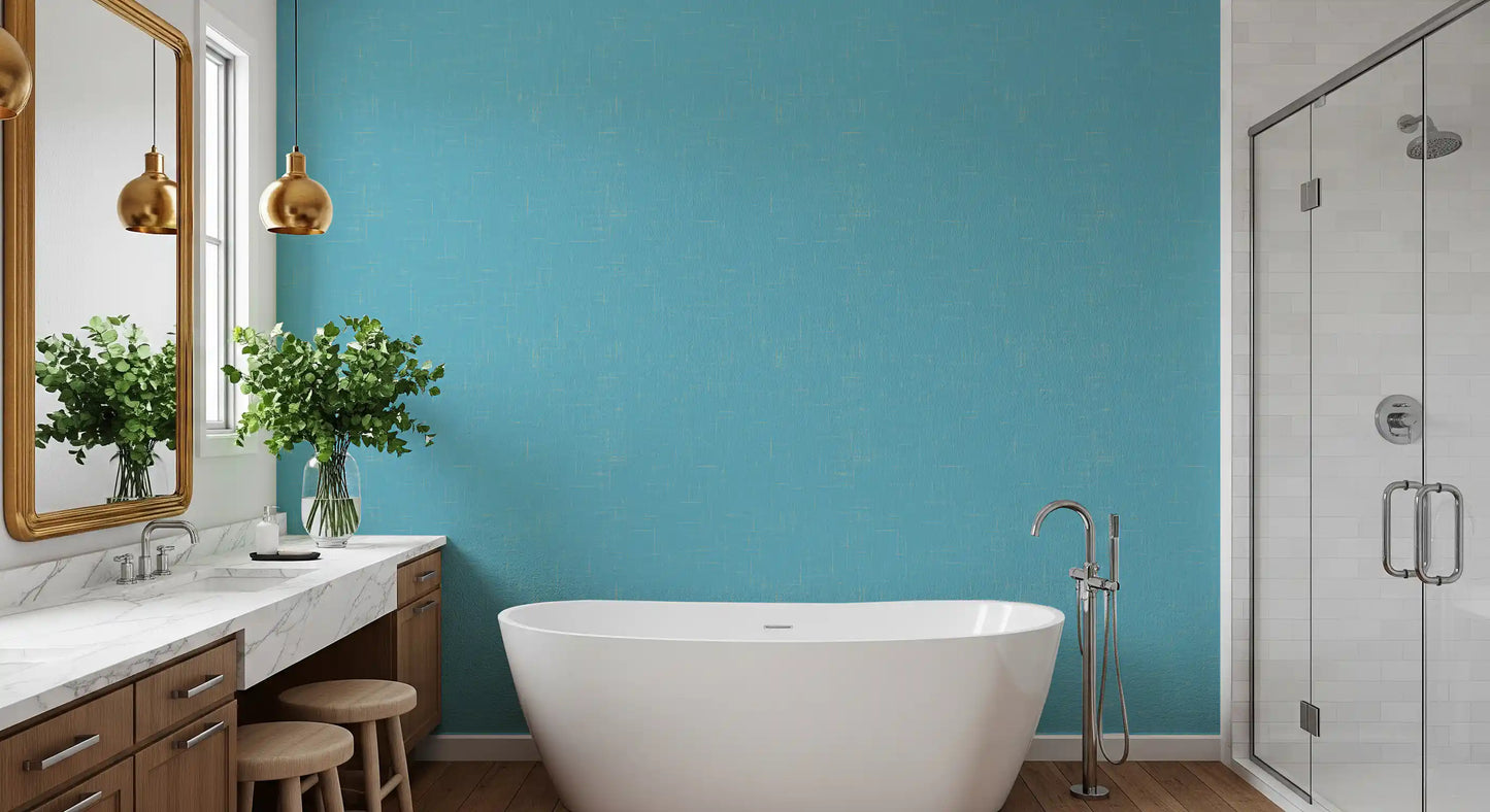 Bathroom walls featuring this blue linen texture mid century wallpaper.