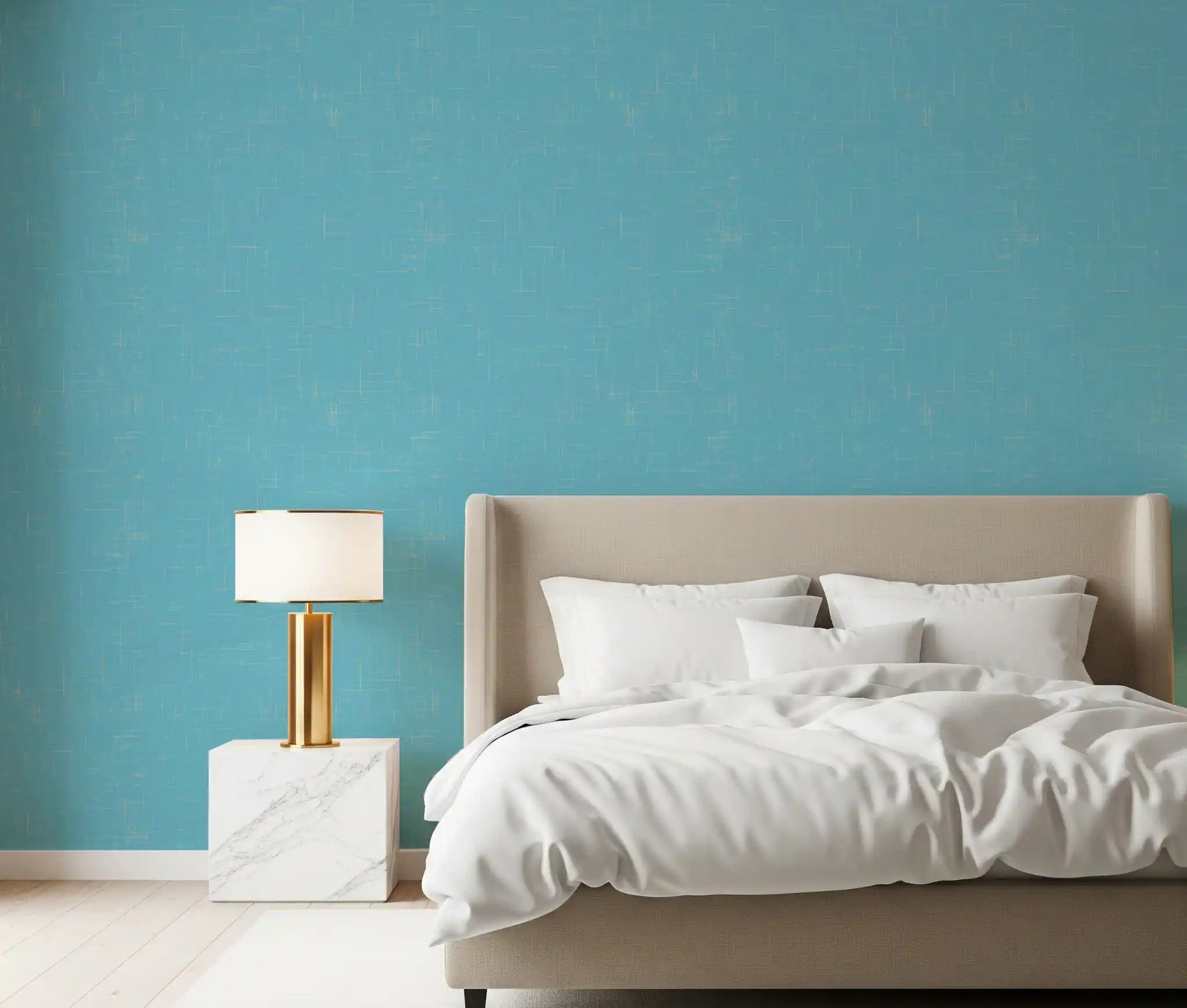 Installing this blue mid century wallpaper inside a master bedroom., GD9945