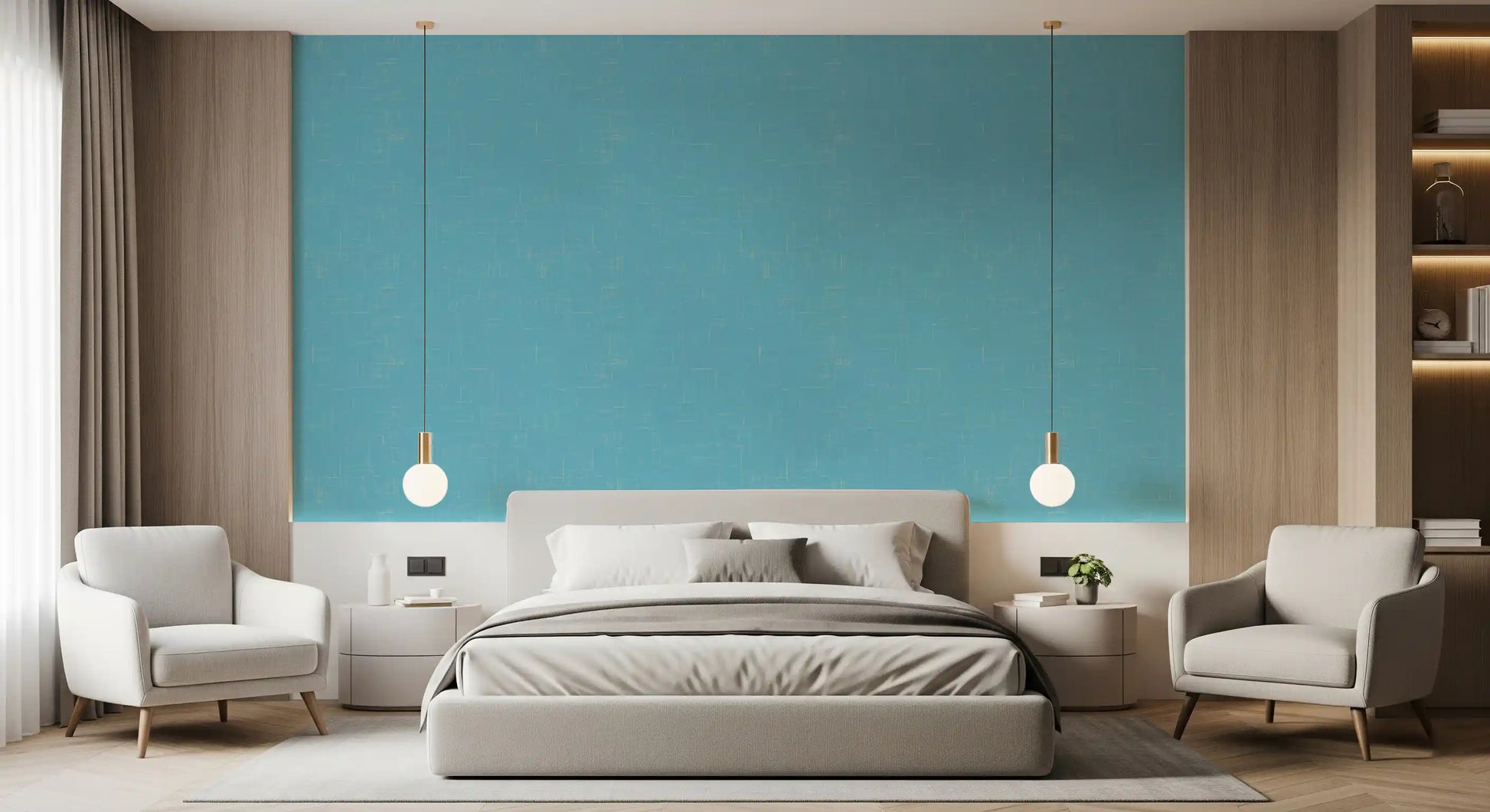 Soft turquoise mid century wallpaper adds a gentle touch to a sunlit bedroom.