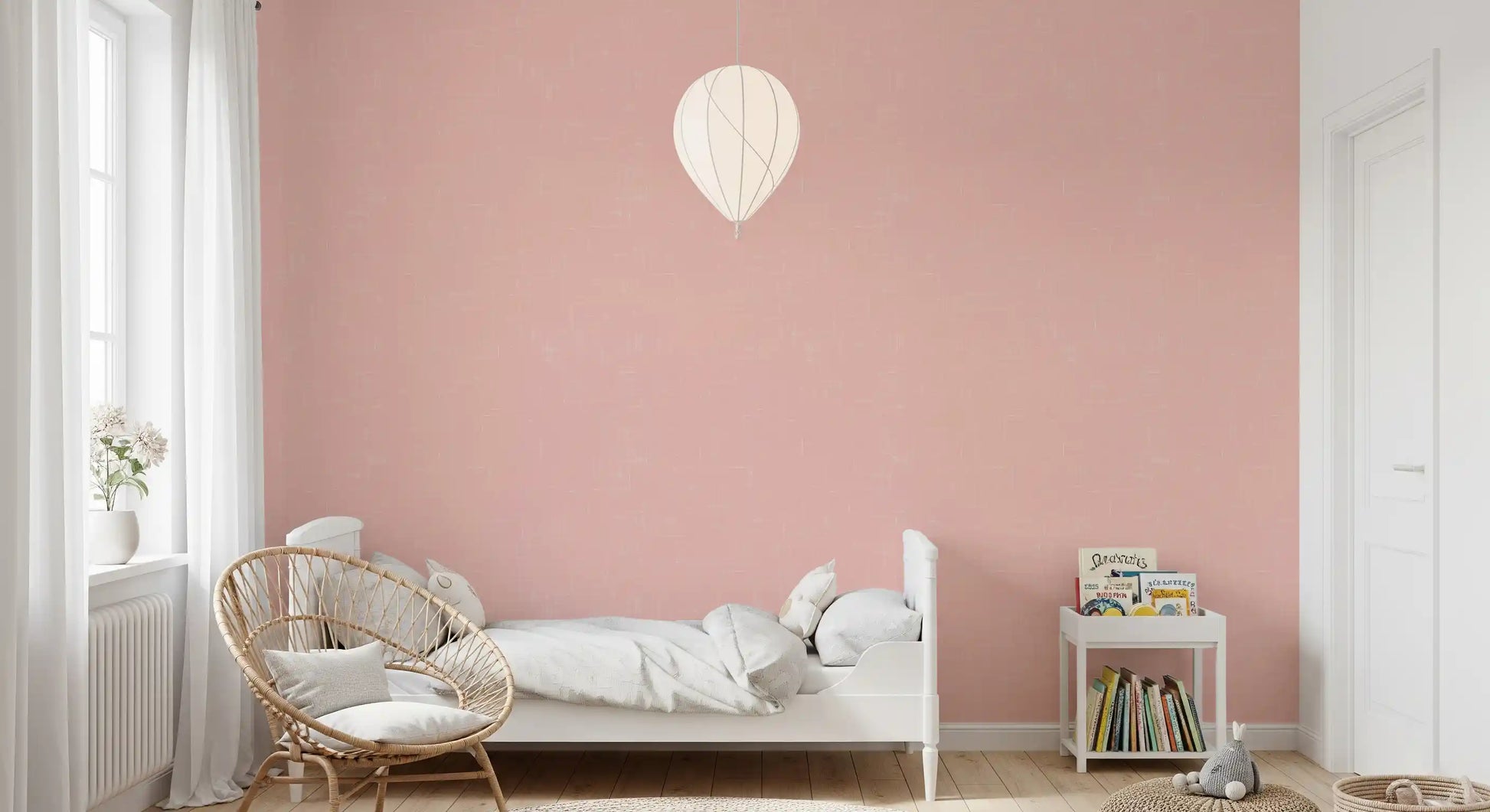 Light pink linen texture wallpaper covers the walls of a cozy bedroom., GD9946