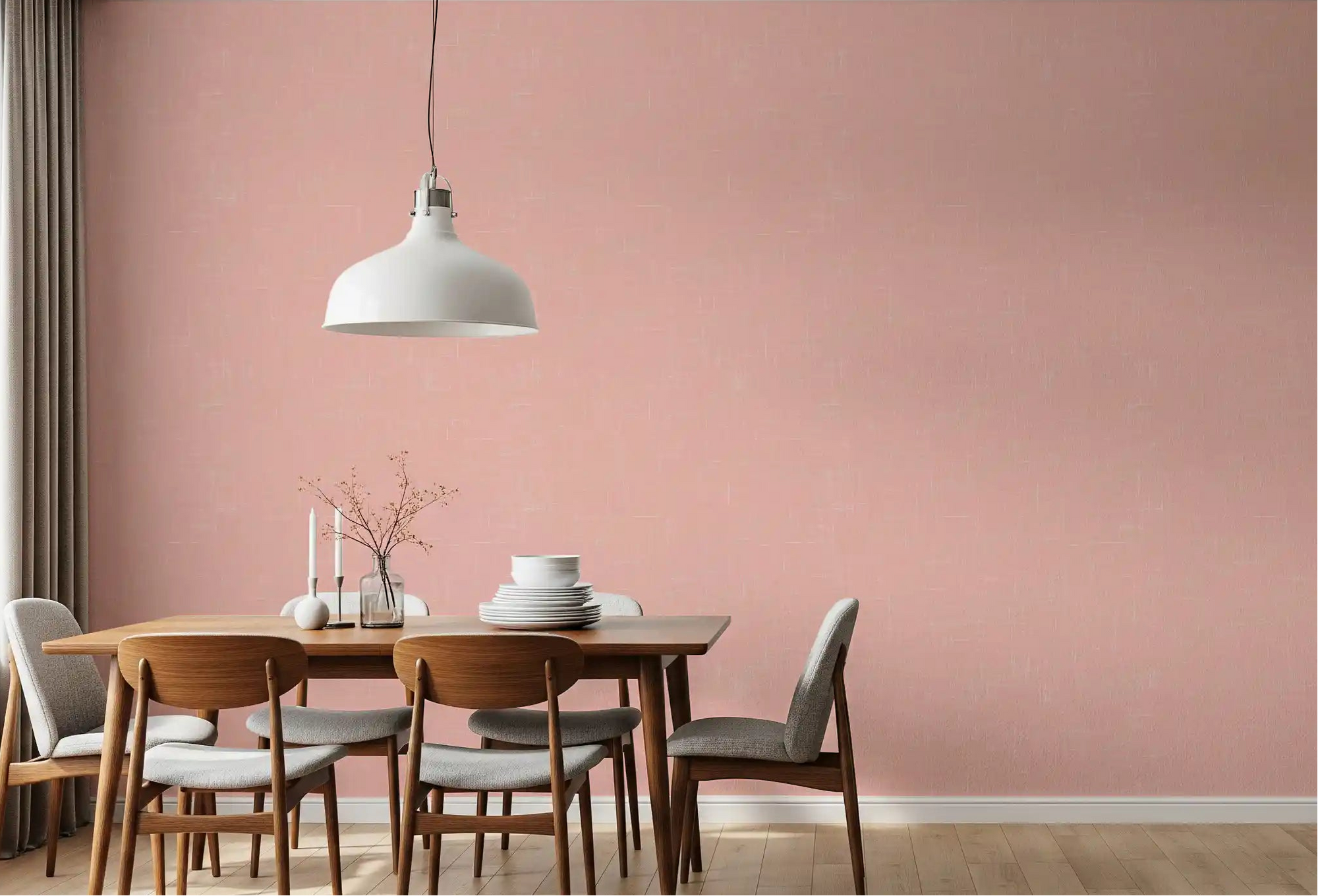 Rose colored mid century modern wallpaper styles a clean dining area., GD9946