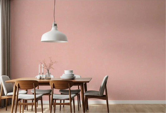 Rose colored mid century modern wallpaper styles a clean dining area.