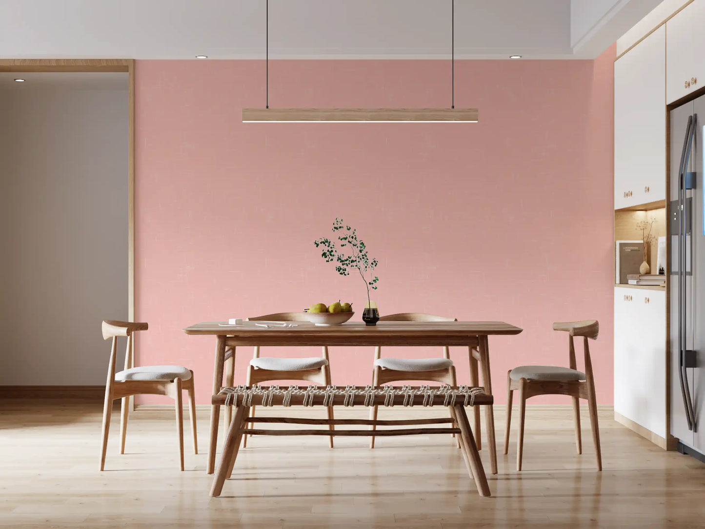 The fine white grid pattern stands out on this blush pink linen wallpaper., GD9946