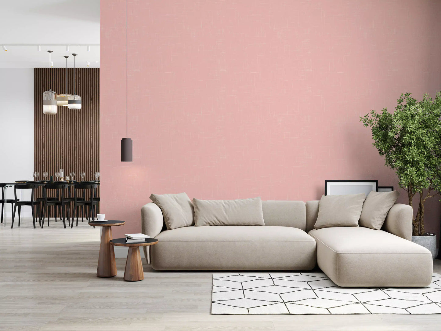 Blush pink linen wallpaper brings a soft feel to a bright and airy living space., GD9946