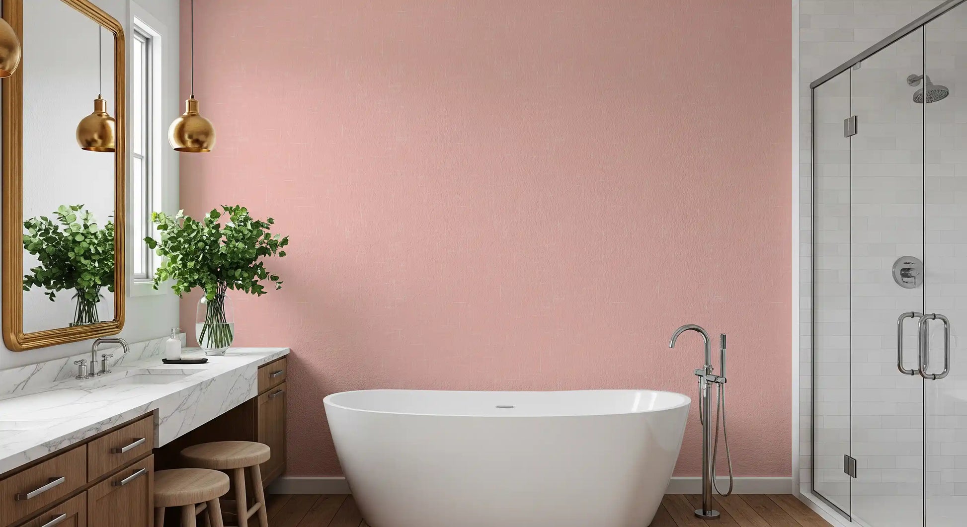 A mid century pink wallpaper creates a calm atmosphere in a modern bathroom, GD9946