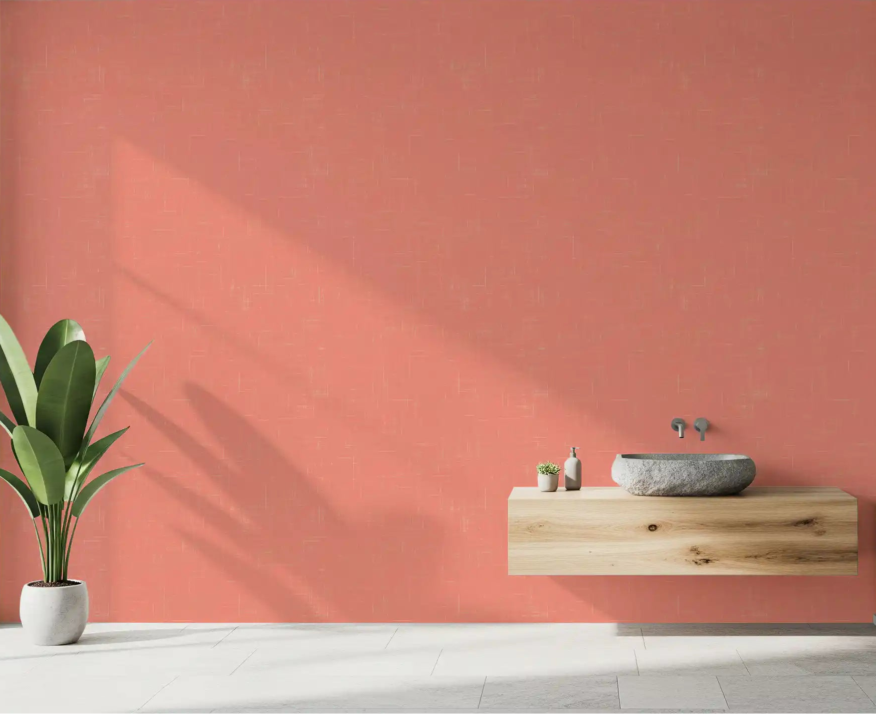 Bathroom backdrop with Coral Linen Texture Mid Century Modern Wallpaper, GD9947