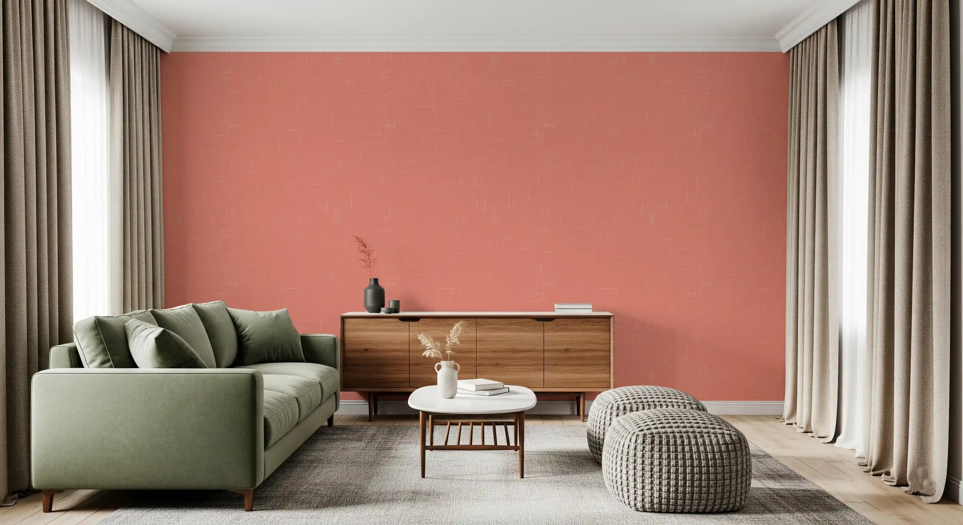 Detailed grid lines on this coral pink linen texture wallpaper., GD9947