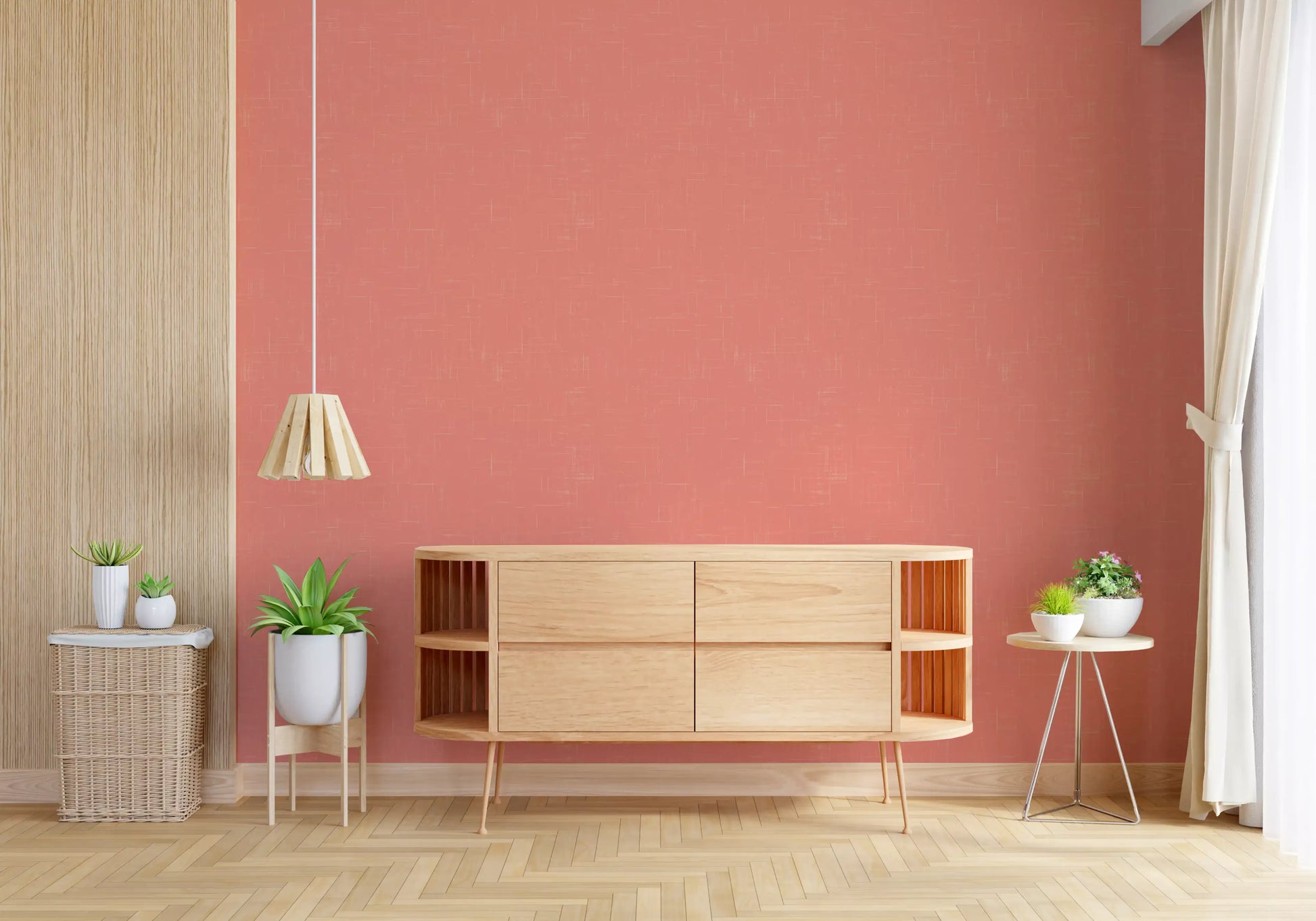 Long hallway installations of a coral linen textured wallpaper., GD9947