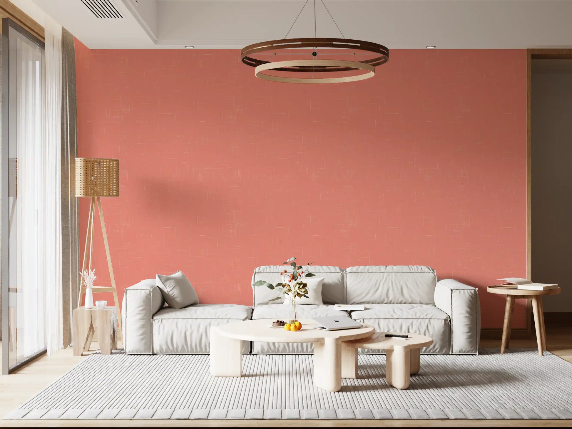 Quiet living room walls showing mid century modern coral wallpaper, GD9947