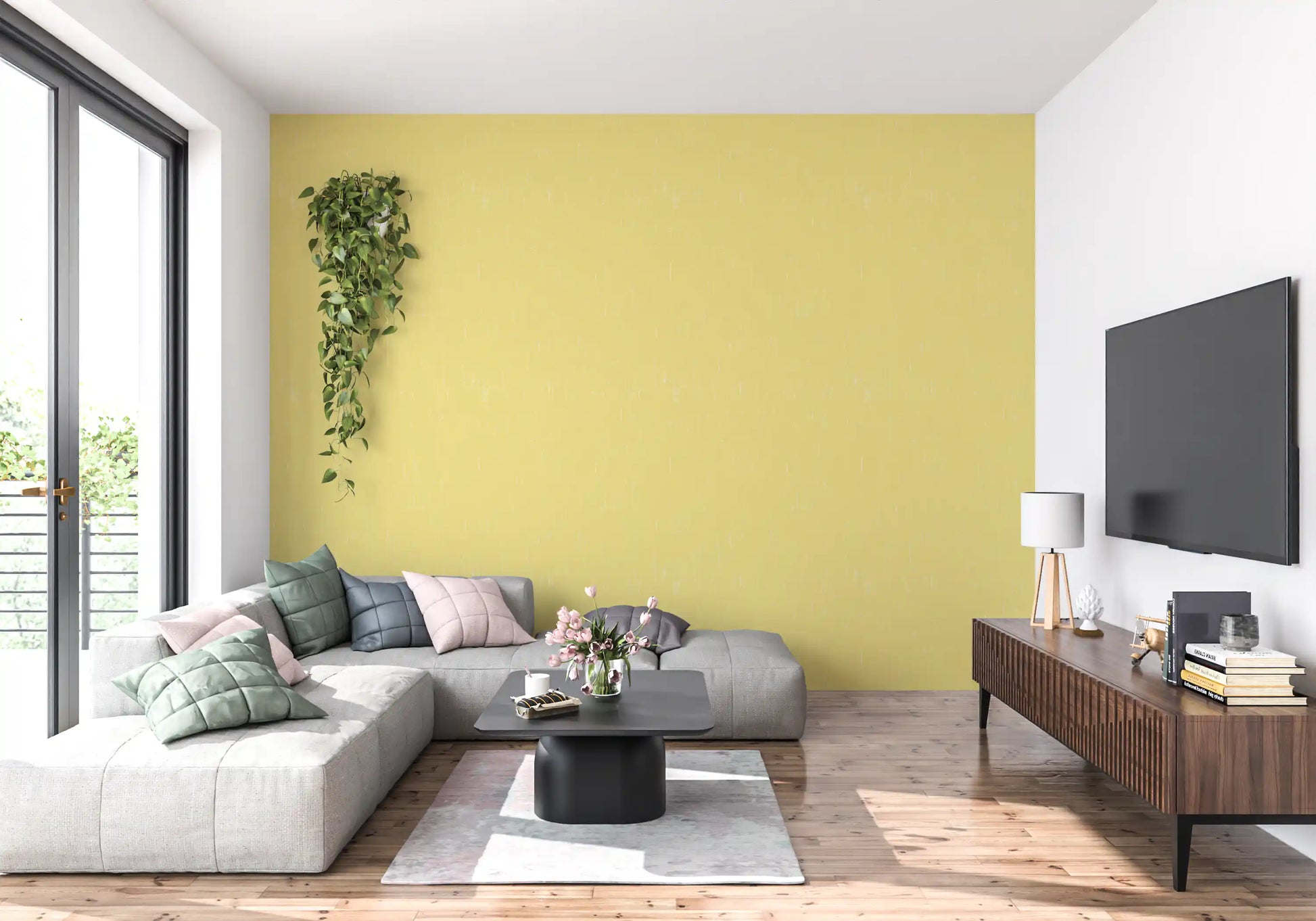 Woven fabric illusion captured in the yellow linen wallpaper material., GD9948