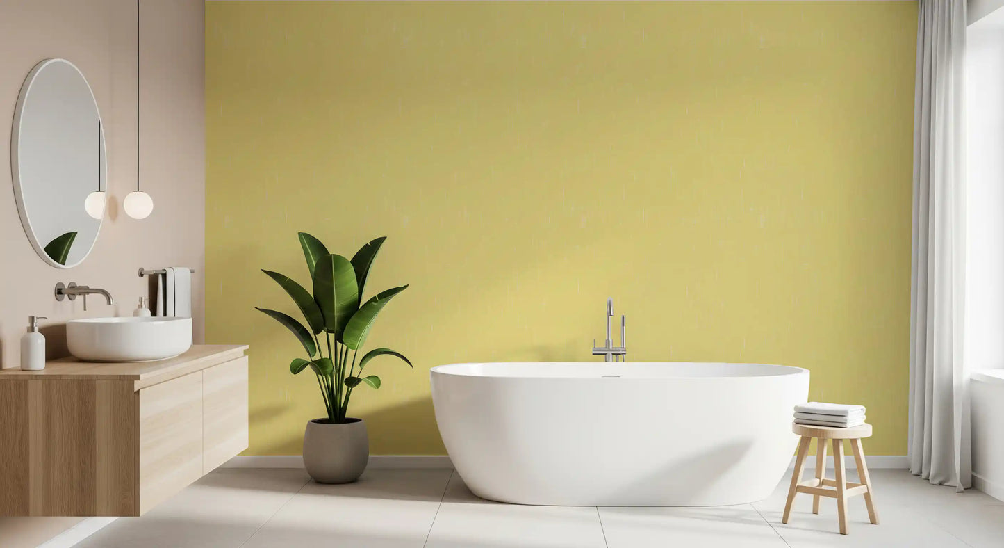 The bathroom walls feature a gentle butter yellow linen wallpaper pattern., GD9948