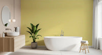 The bathroom walls feature a gentle butter yellow linen wallpaper pattern., GD9948