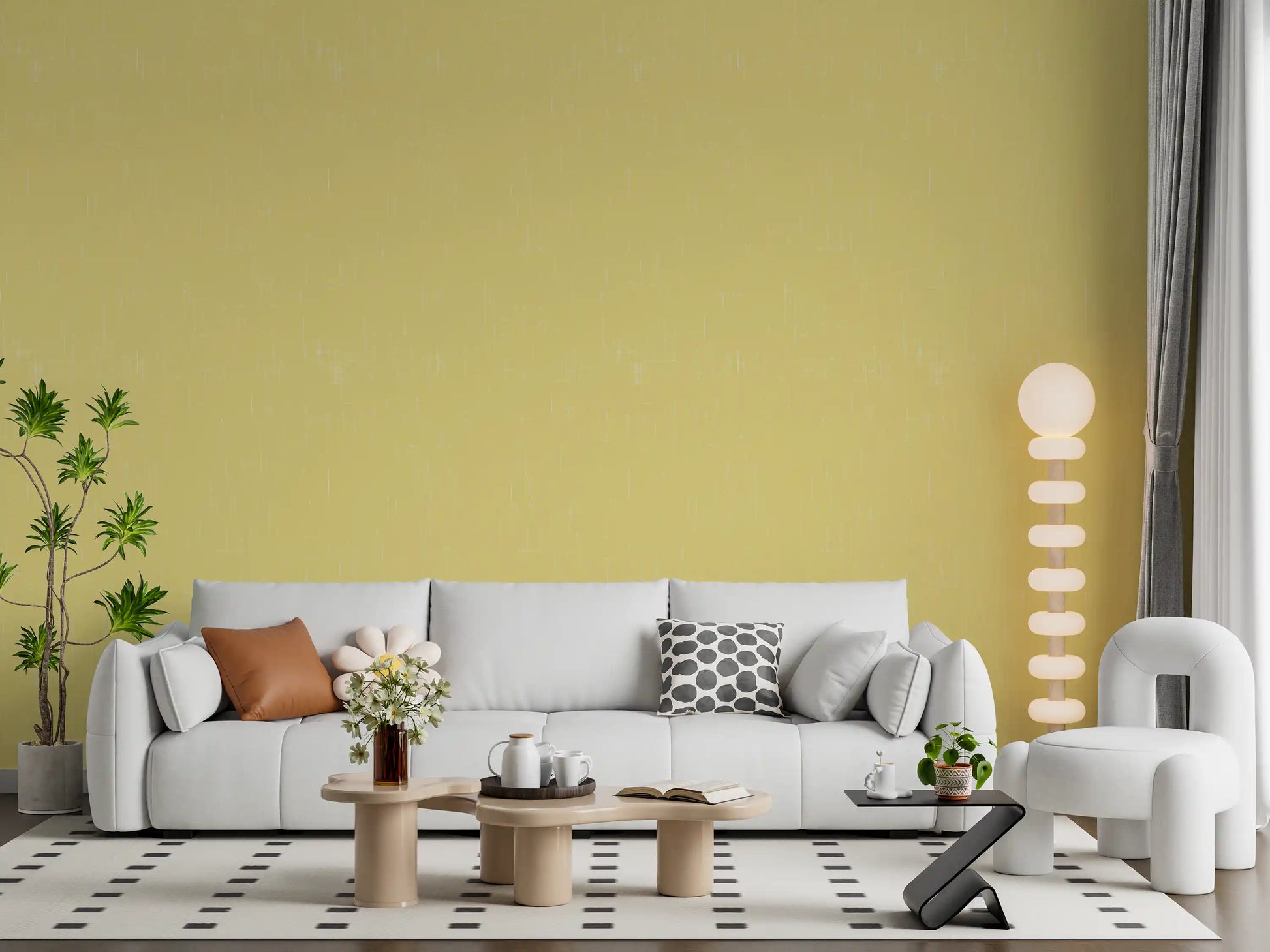 Mid century modern wallpaper brings a warm ambiance to the living room., GD9948