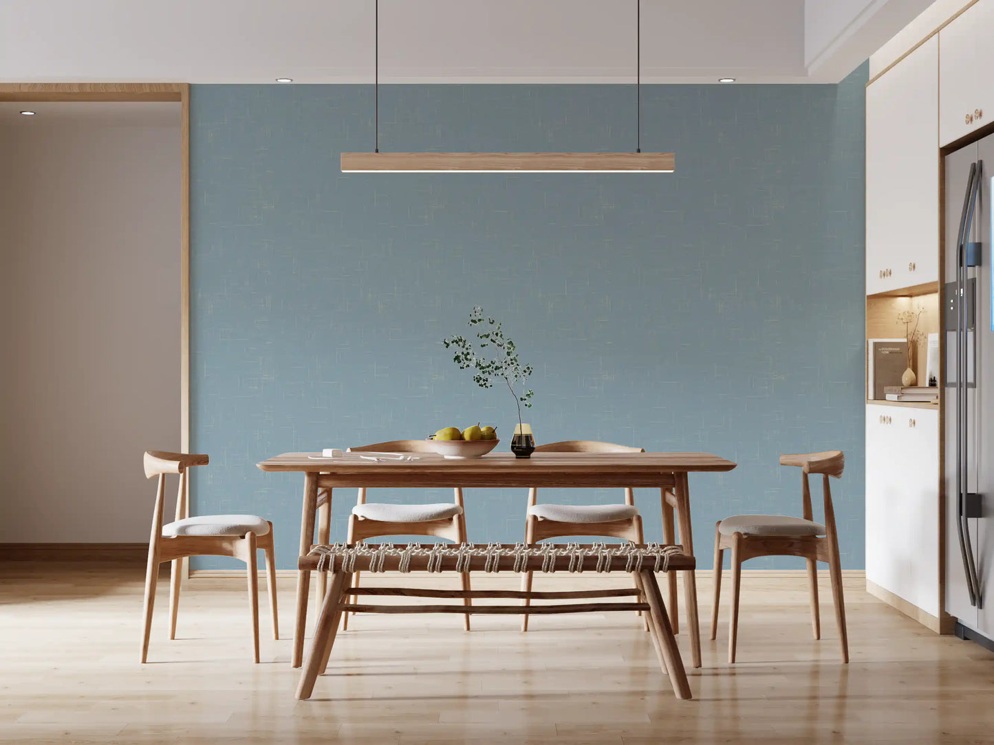 Fine cream strokes intersect on a dusty blue linen wallpaper background.