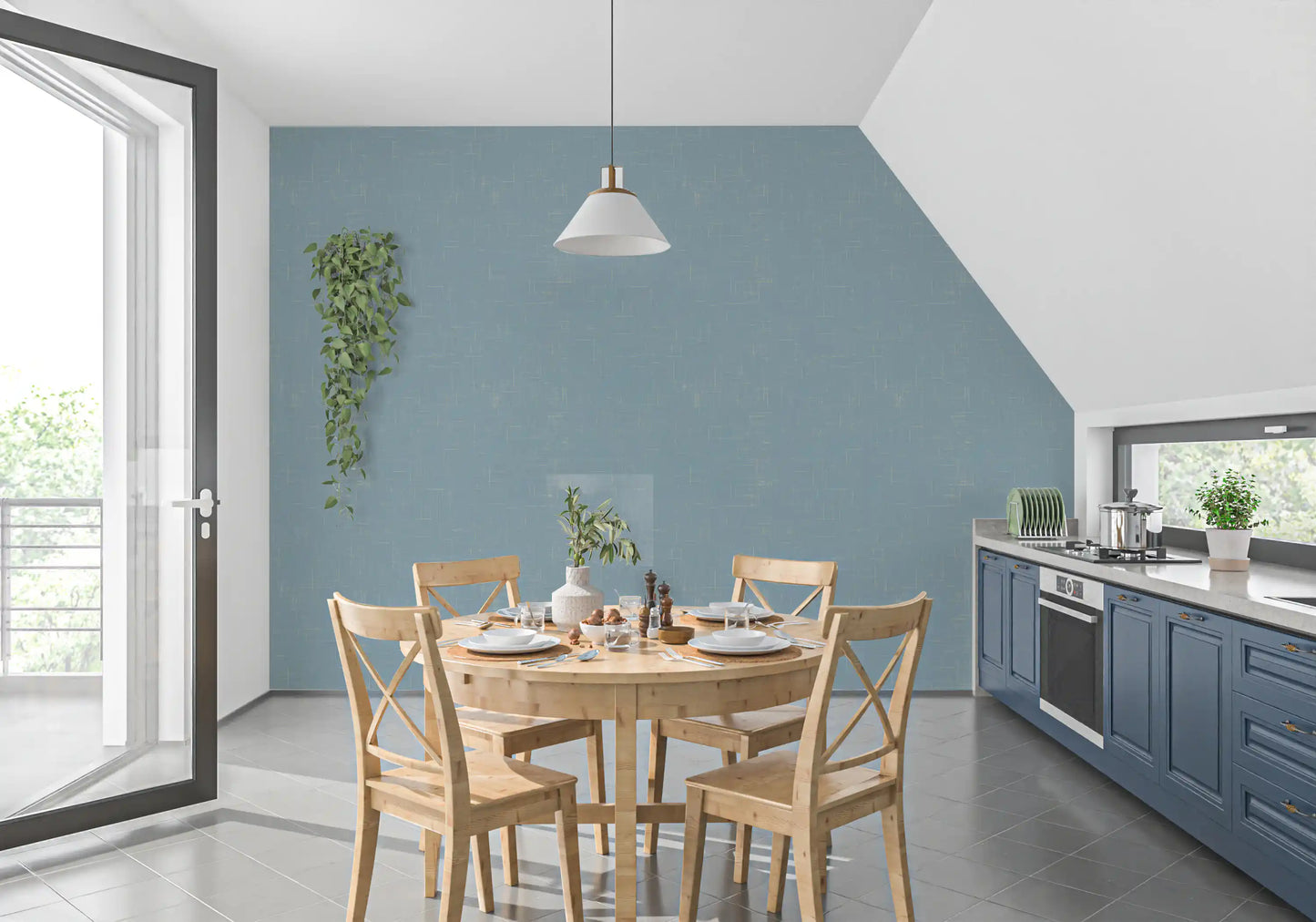Calm dusty blue wallpaper lines the walls of a spacious dining room.