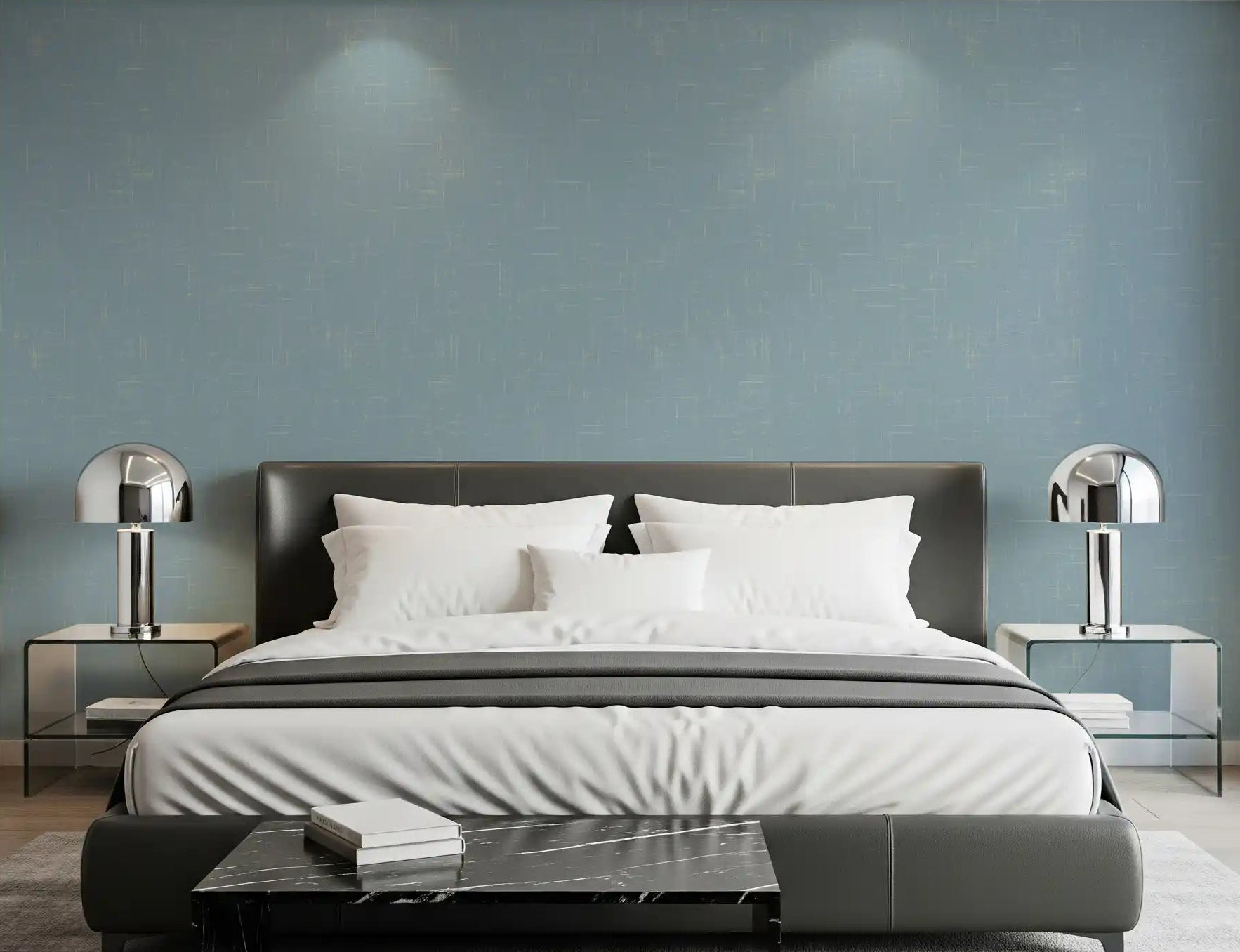 Minimalist blue wallpaper provides a gentle touch for a modern bedroom., GD9949