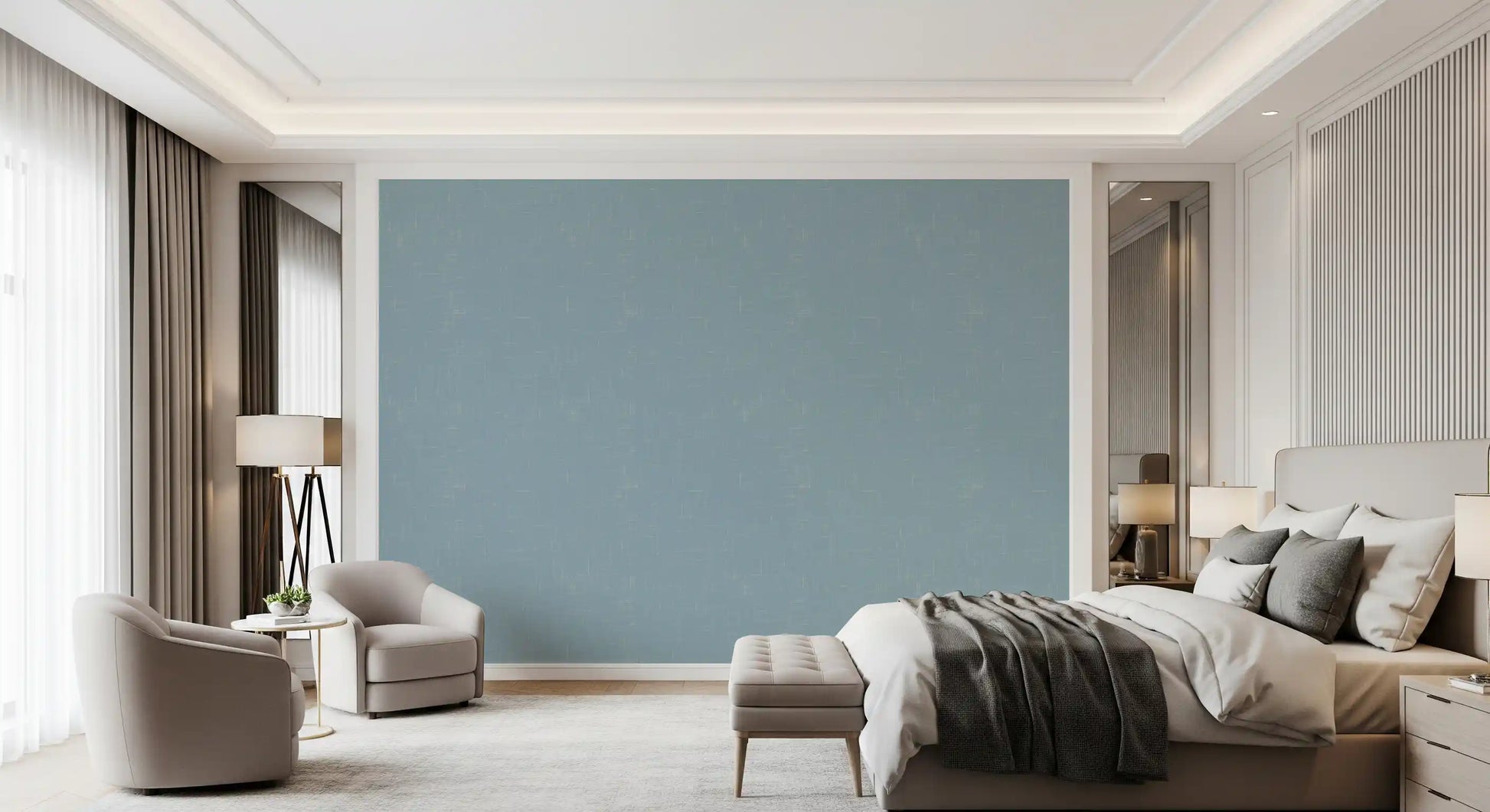 Muted blue tones highlight the geometric grid of this modern wallpaper