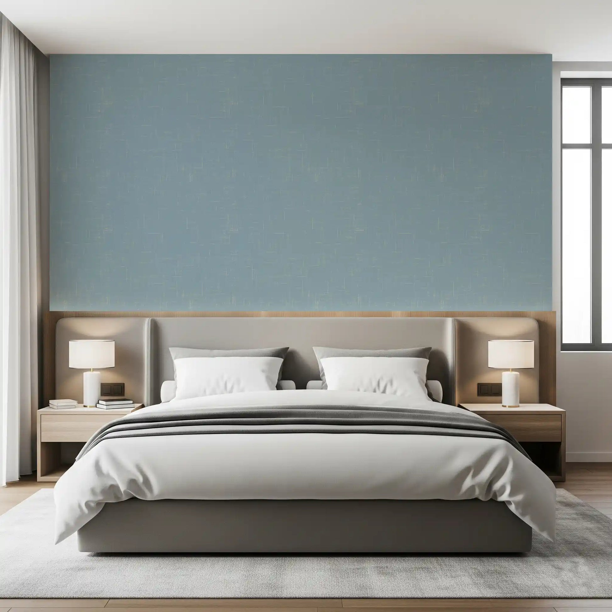 Textured linen wallpaper brings a professional feel to a bright bedroom.