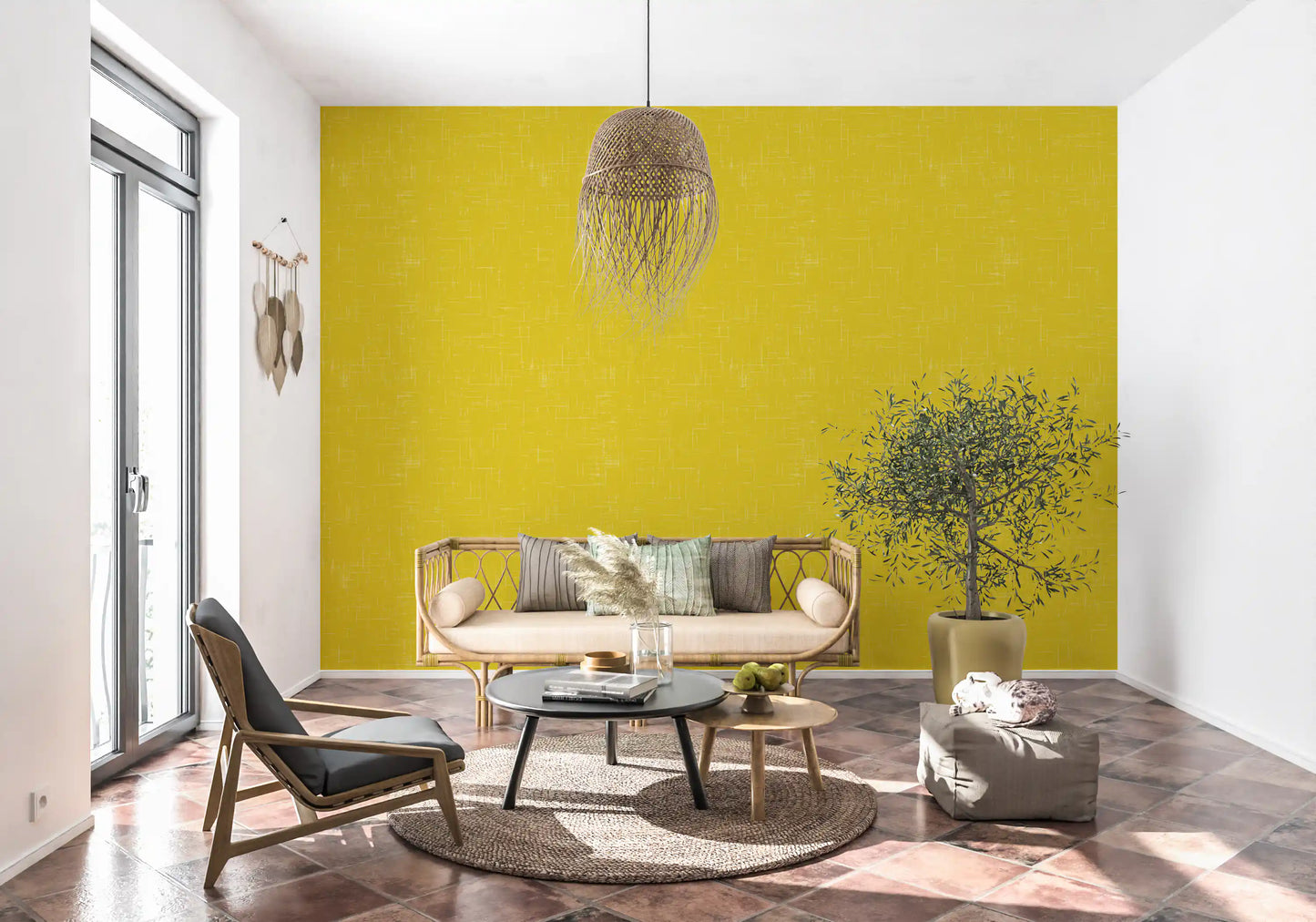 Entryway showcases a Mustard Linen Texture Mid Century Modern Wallpaper.