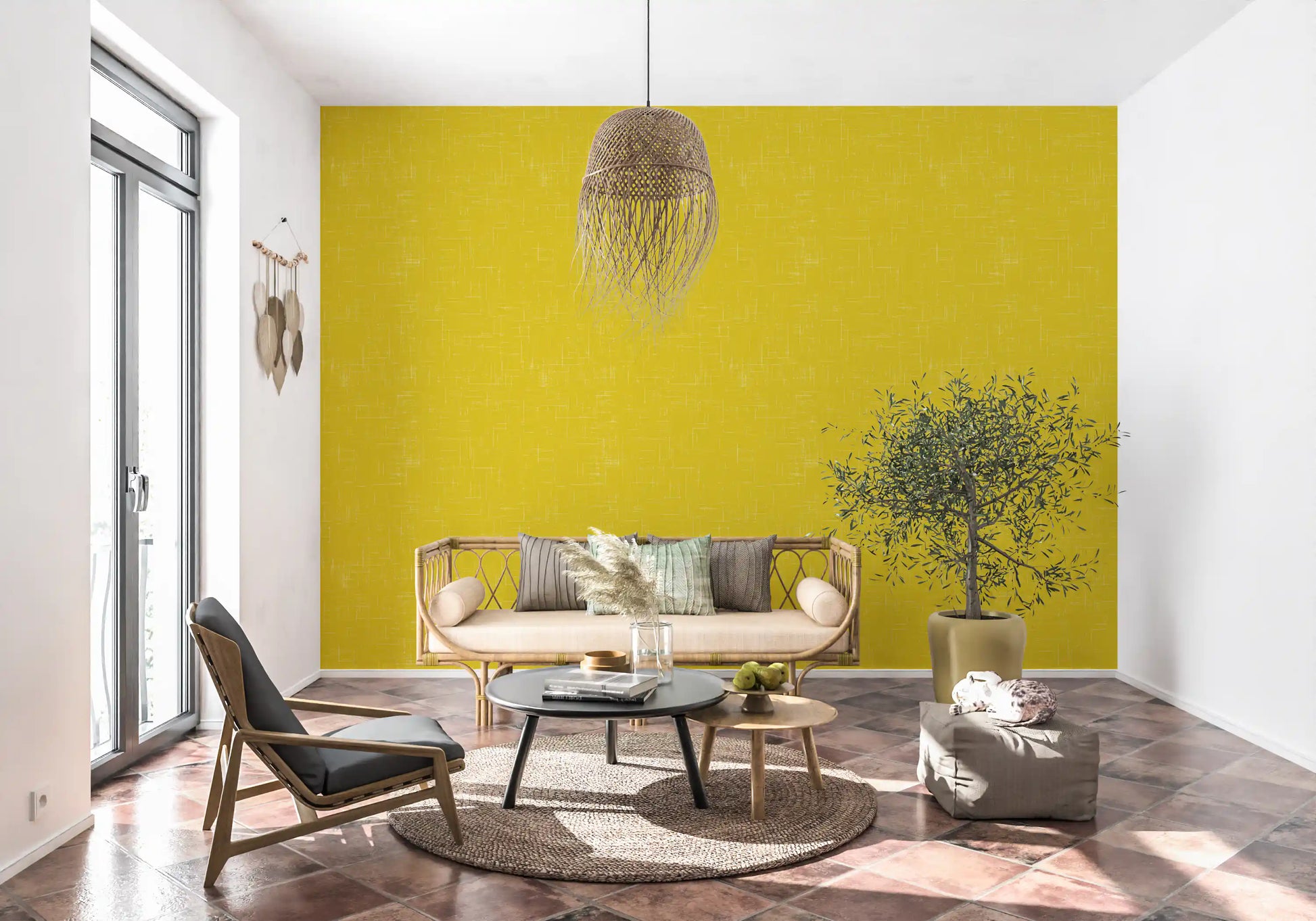 Entryway showcases a Mustard Linen Texture Mid Century Modern Wallpaper.