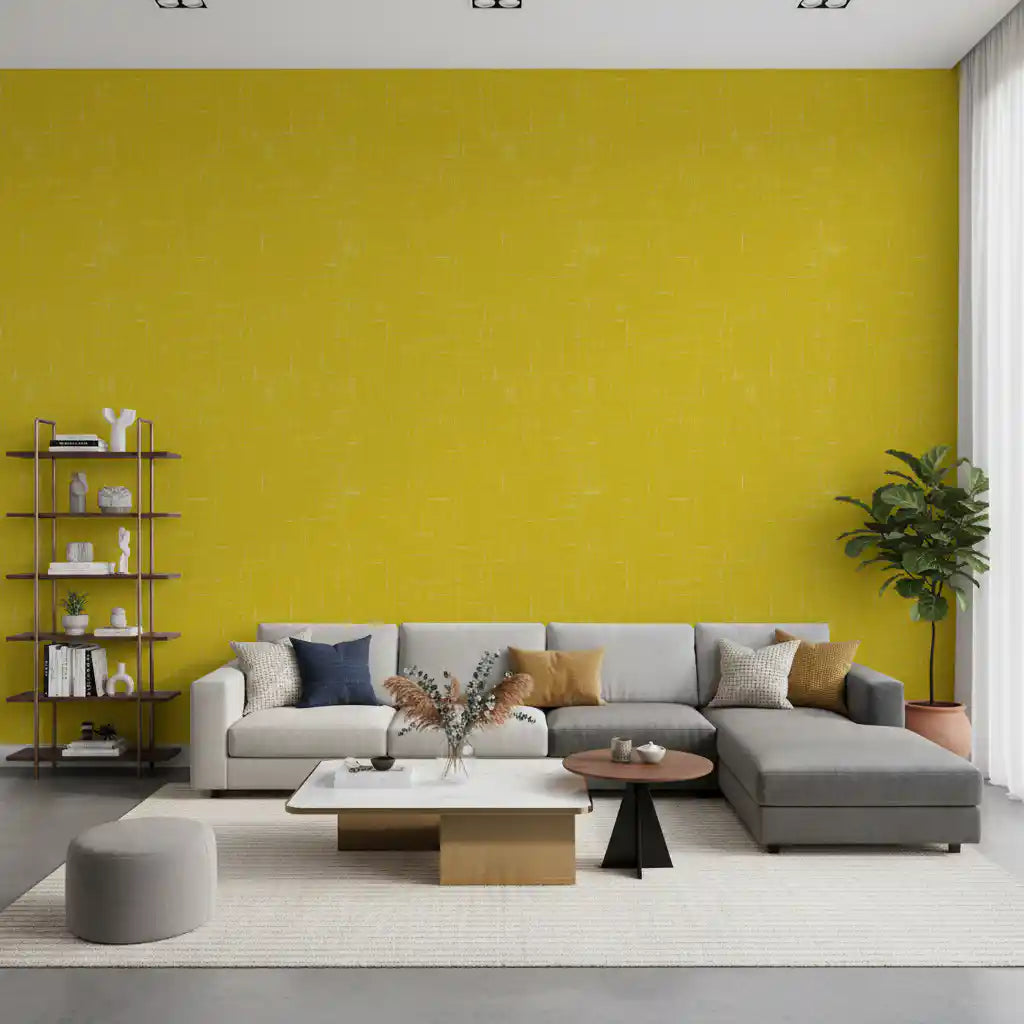 Hallway installation of this Mustard Linen Mid Century Modern Wallpaper.