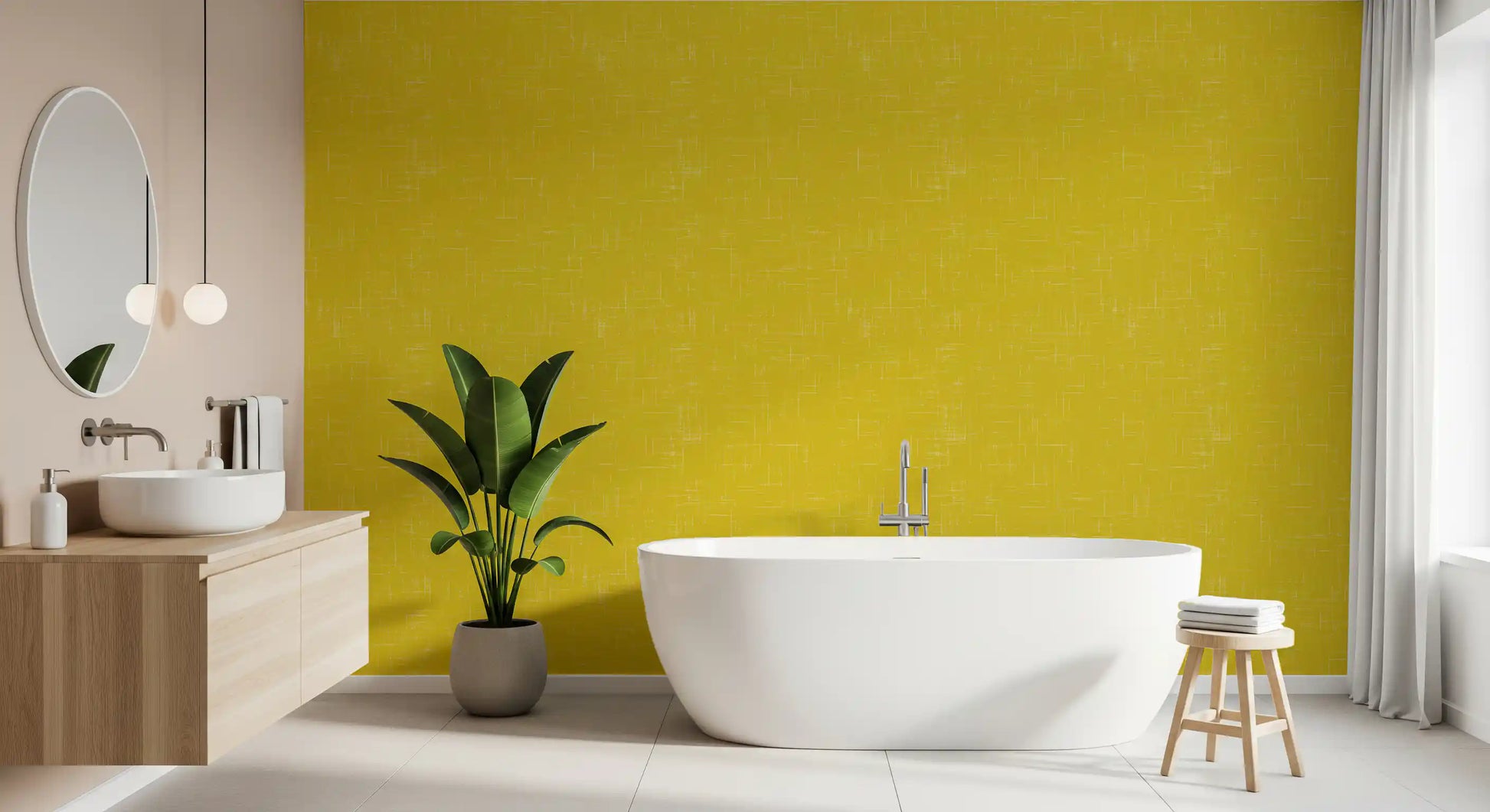 Vertical strokes on Mustard Linen Mid Century Modern Wallpaper surfaces.