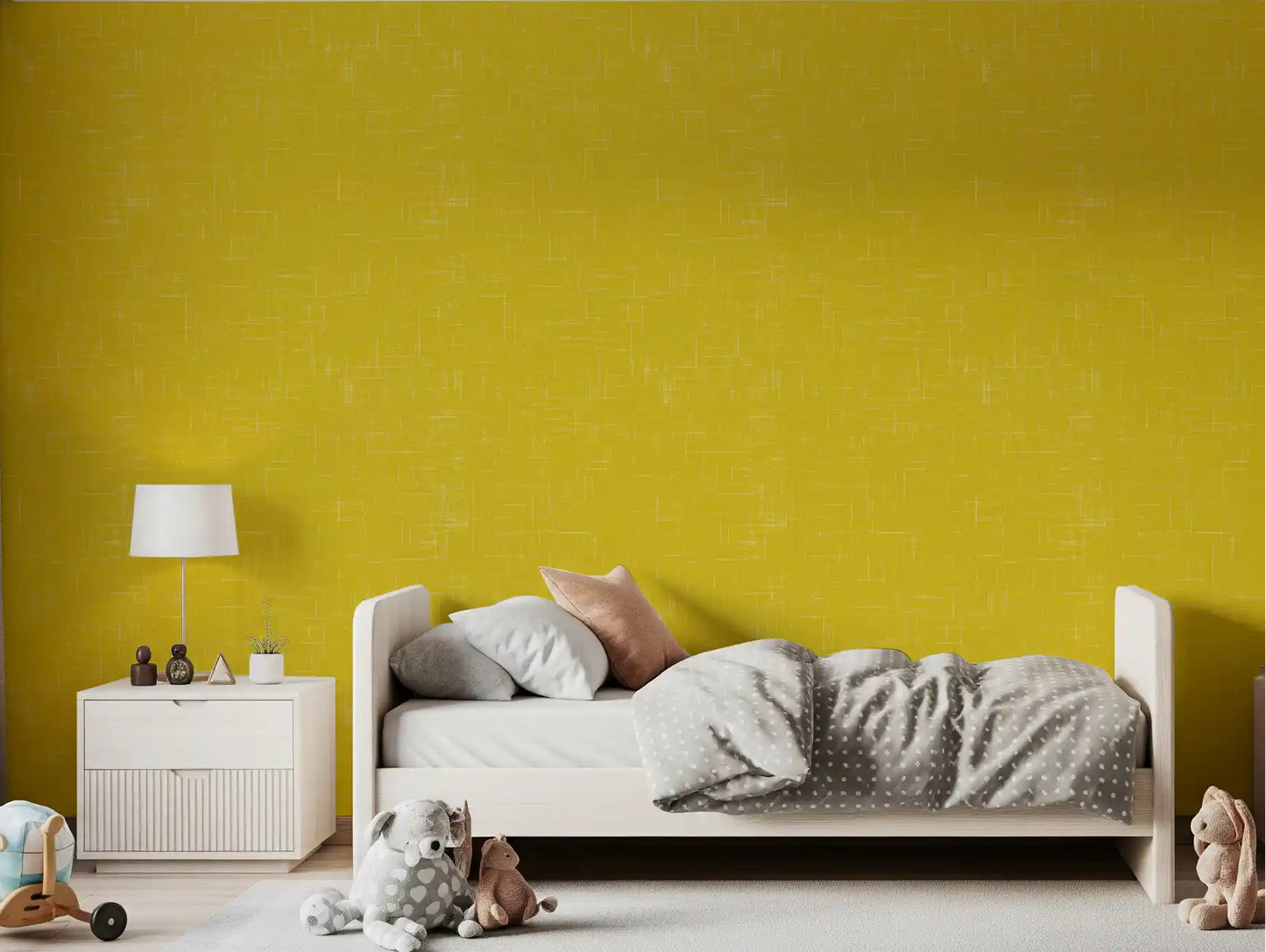 Bedroom walls displaying the Mustard Linen Mid Century Modern Wallpaper.