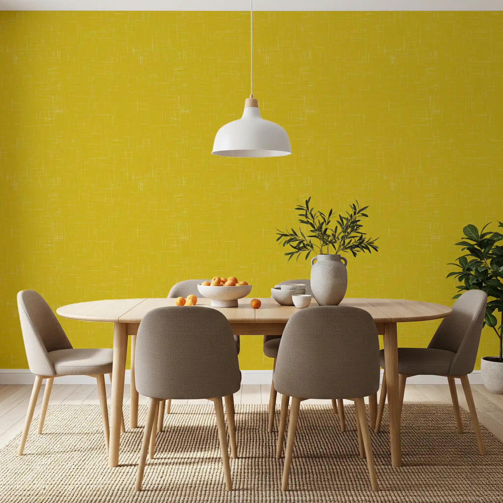 Dining room featuring Mustard Linen Texture Wallpaper with a vintage look.