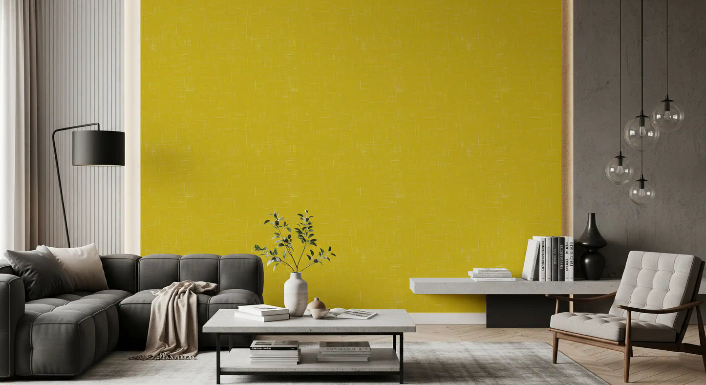 Mustard Linen Mid Century Modern Wallpaper installed in living room.