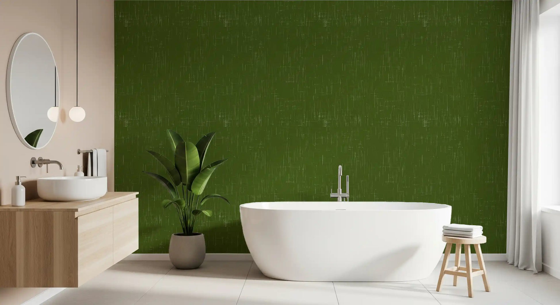 Cozy bathroom walls covered in mid century modern olive green wallpaper., GD9951