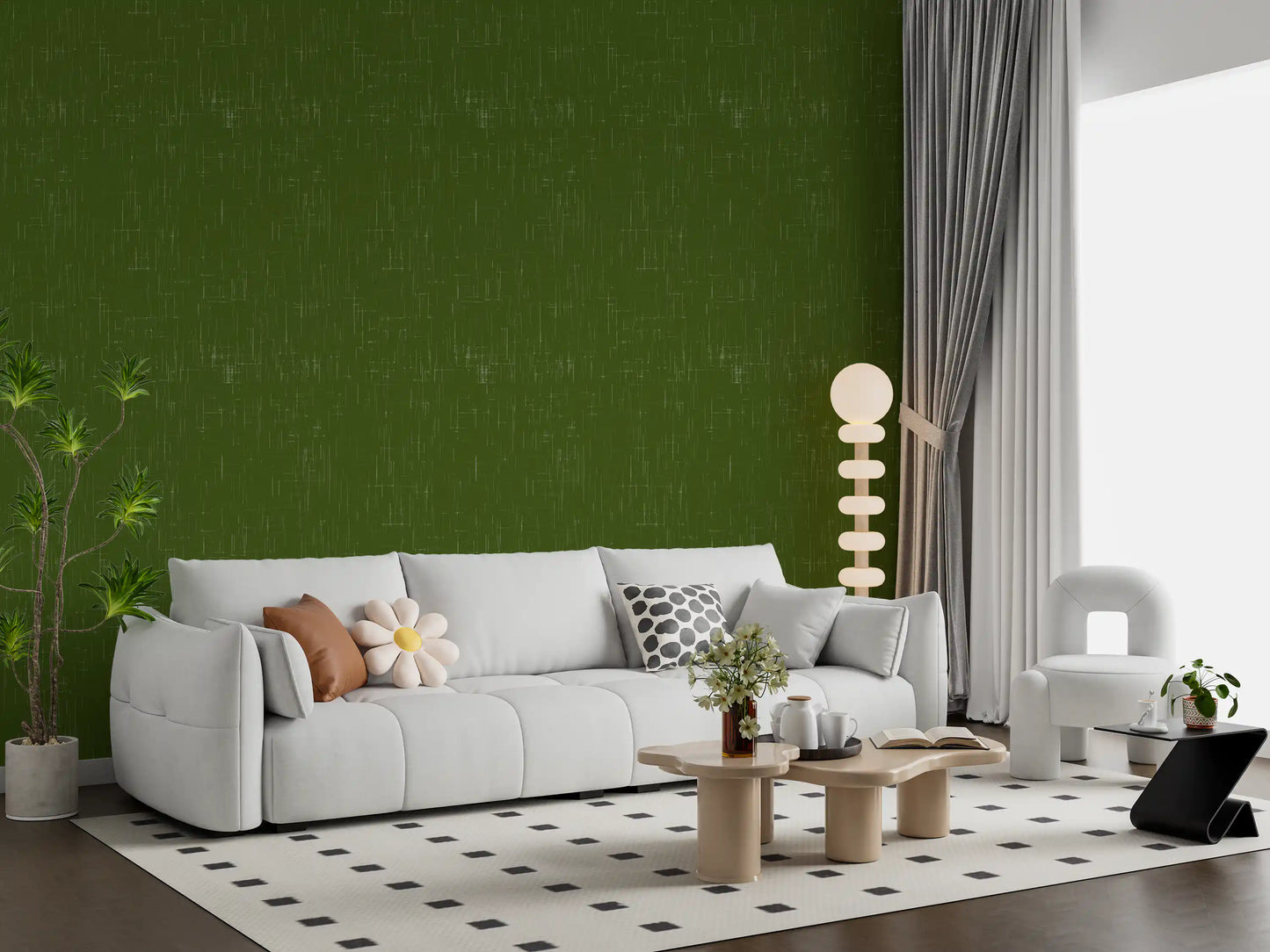 Soft olive green ticking stripes wallpaper applied in a bright living room, GD9951