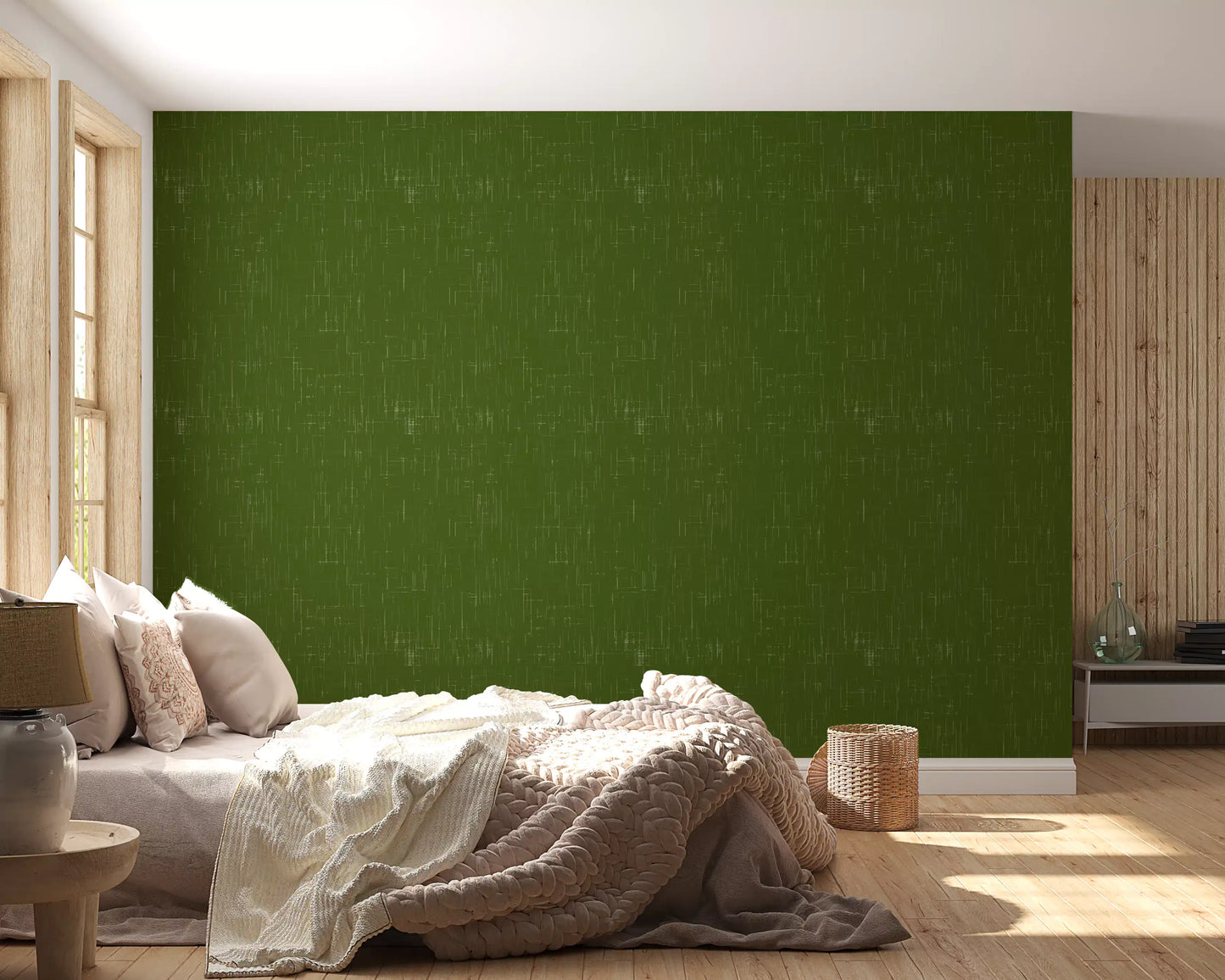 Distinctive retro faux-linen texture shown on this quality green wallpaper., GD9951