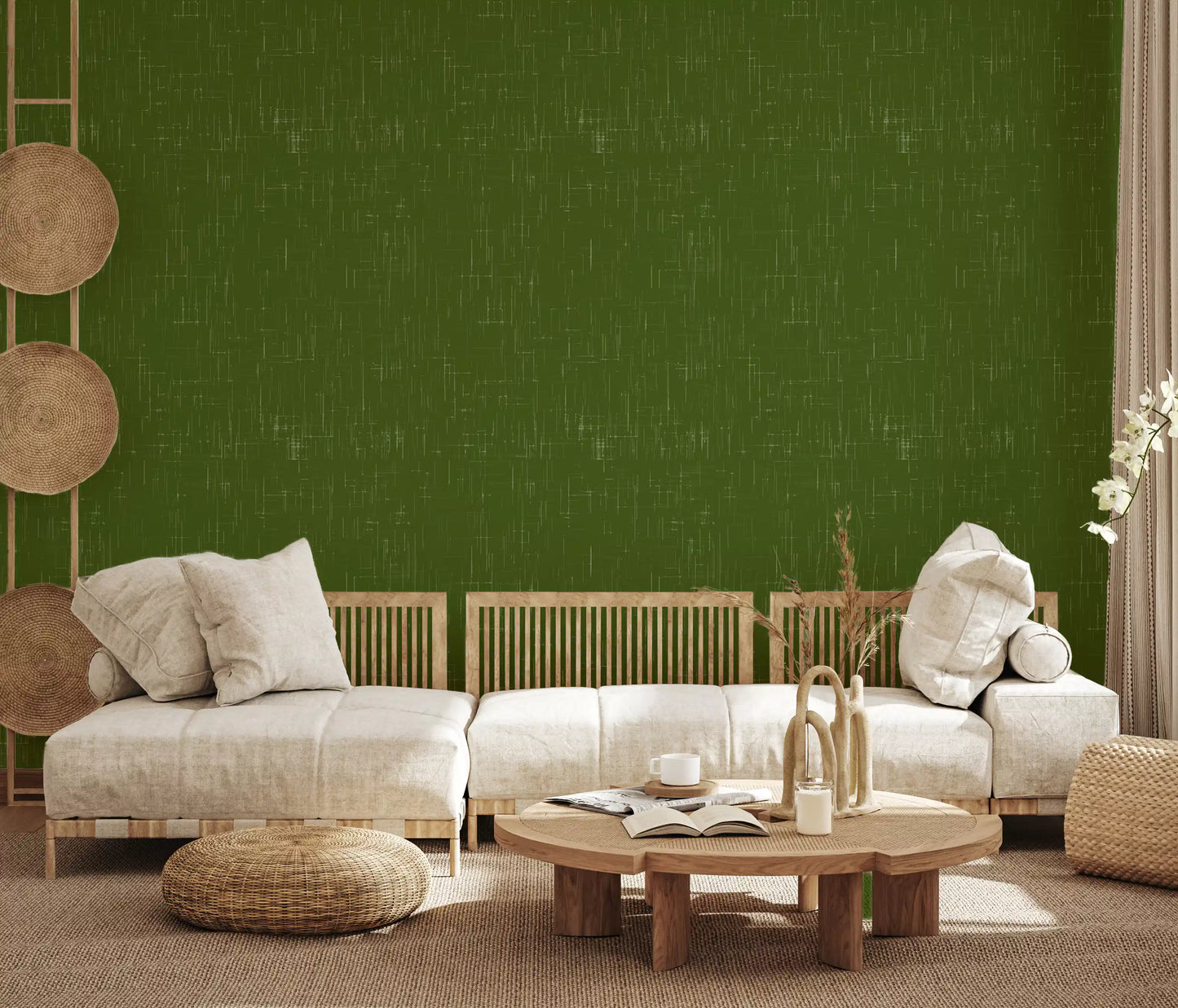 Seamless installation view of this continuous olive green linen wallpaper., GD9951