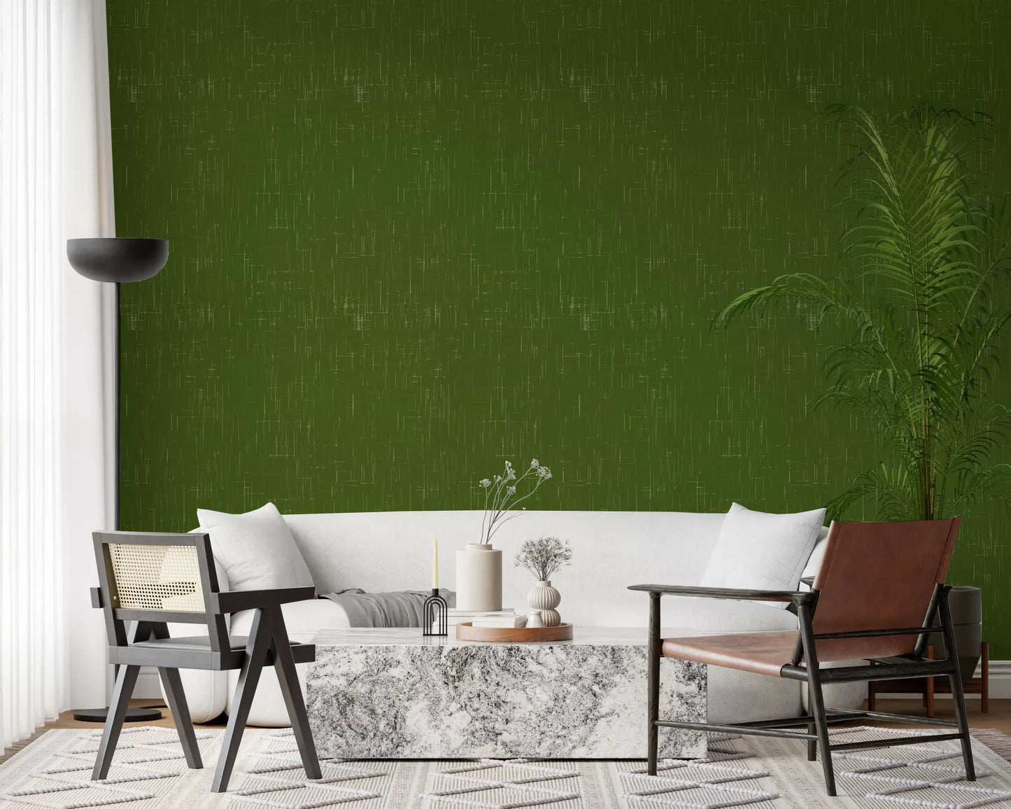 This durable olive green wallpaper lines a busy hallway with retro style., GD9951
