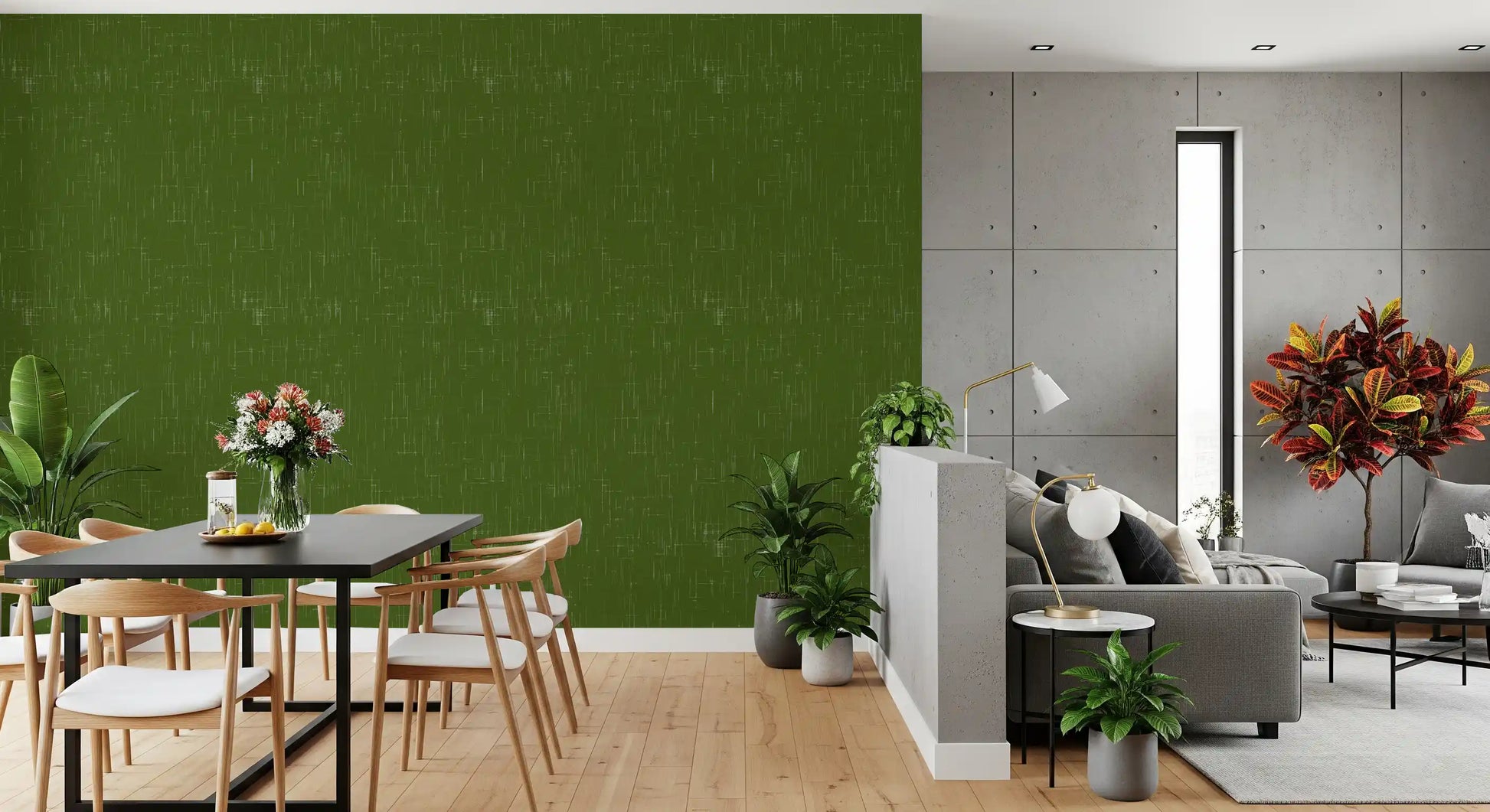 Elegant dining room accent wall with dark green linen texture wallpaper., GD9951