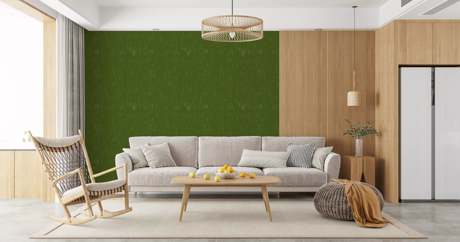 Subtle green linen wallpaper creates a focused atmosphere in a living area., GD9951